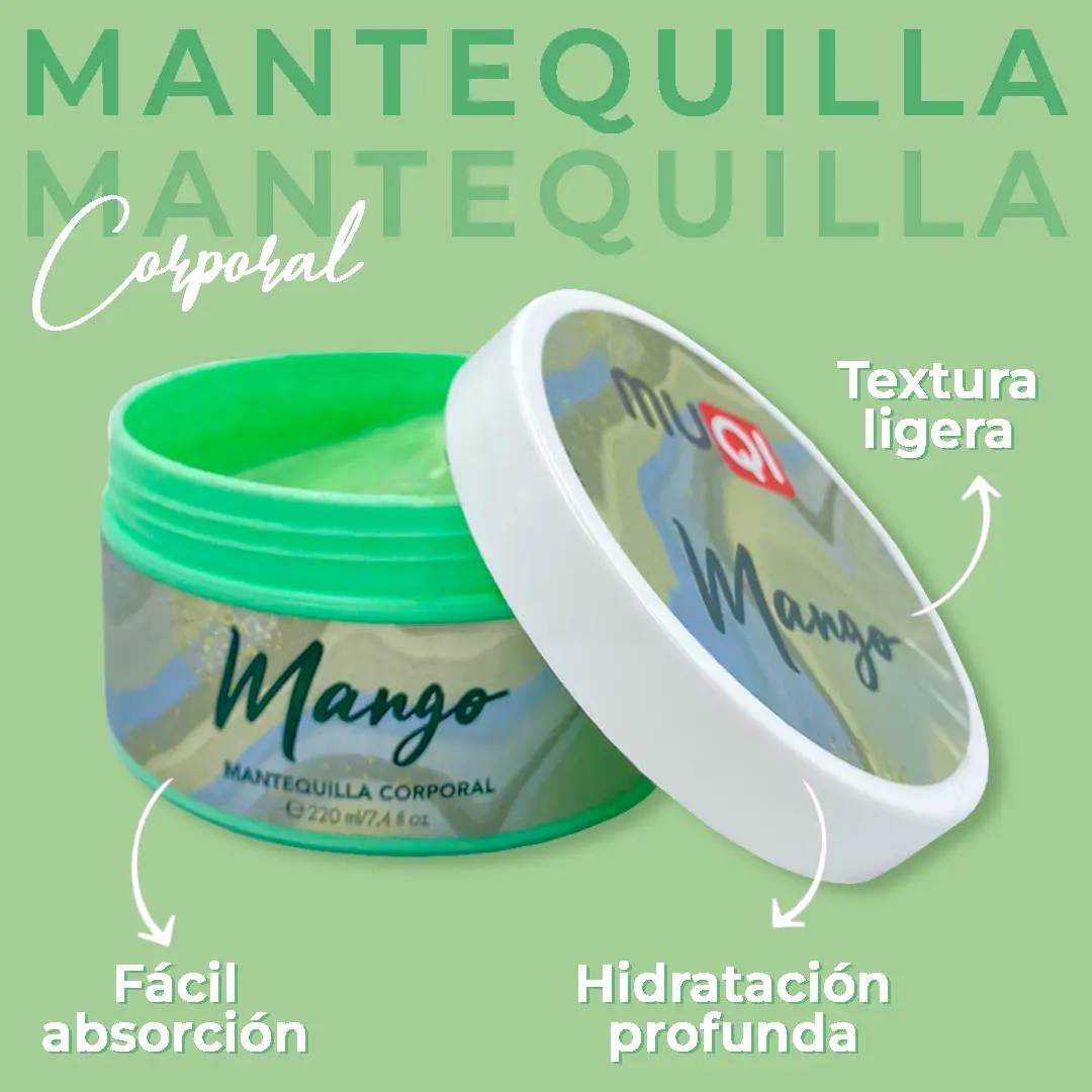 Mantequillas Corporales Muqi sabor Mango: textura ligera y fácil absorción para hidratación profunda.