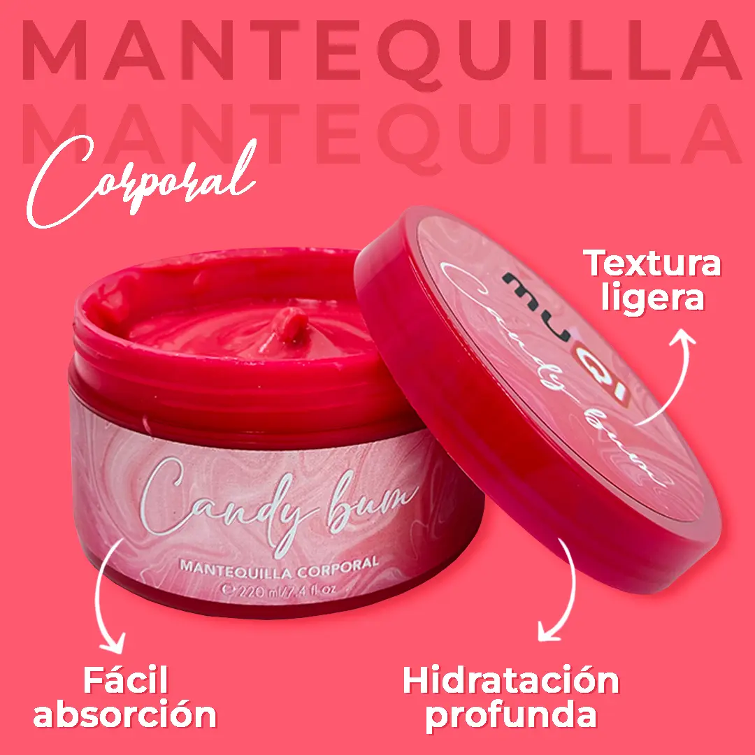 Mantequilla corporal Muqi Candy Bum: textura ligera y fácil absorción para hidratación profunda.