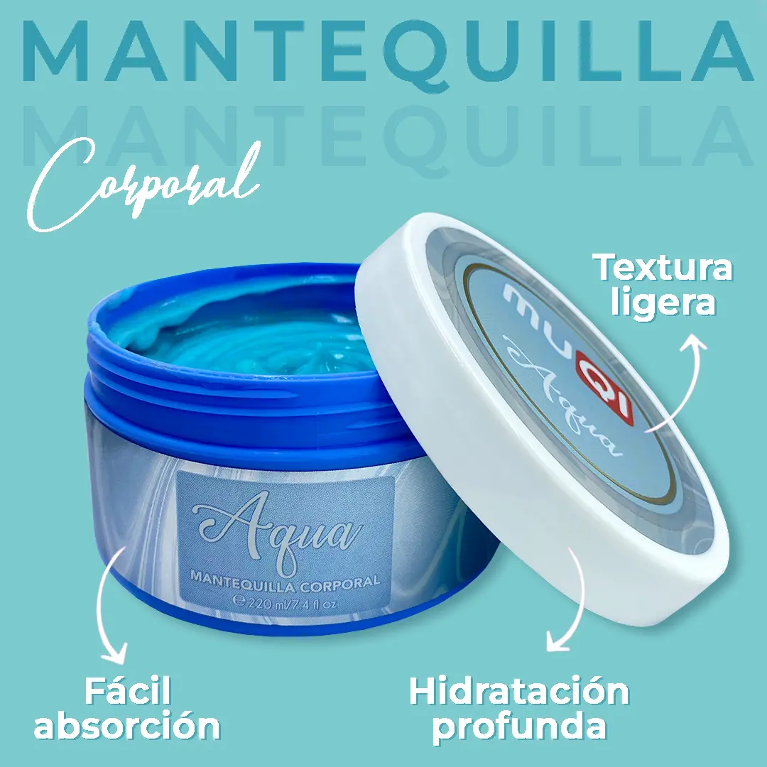 Mantequilla corporal Aqua Muqi con textura ligera, fácil absorción e hidratación profunda.