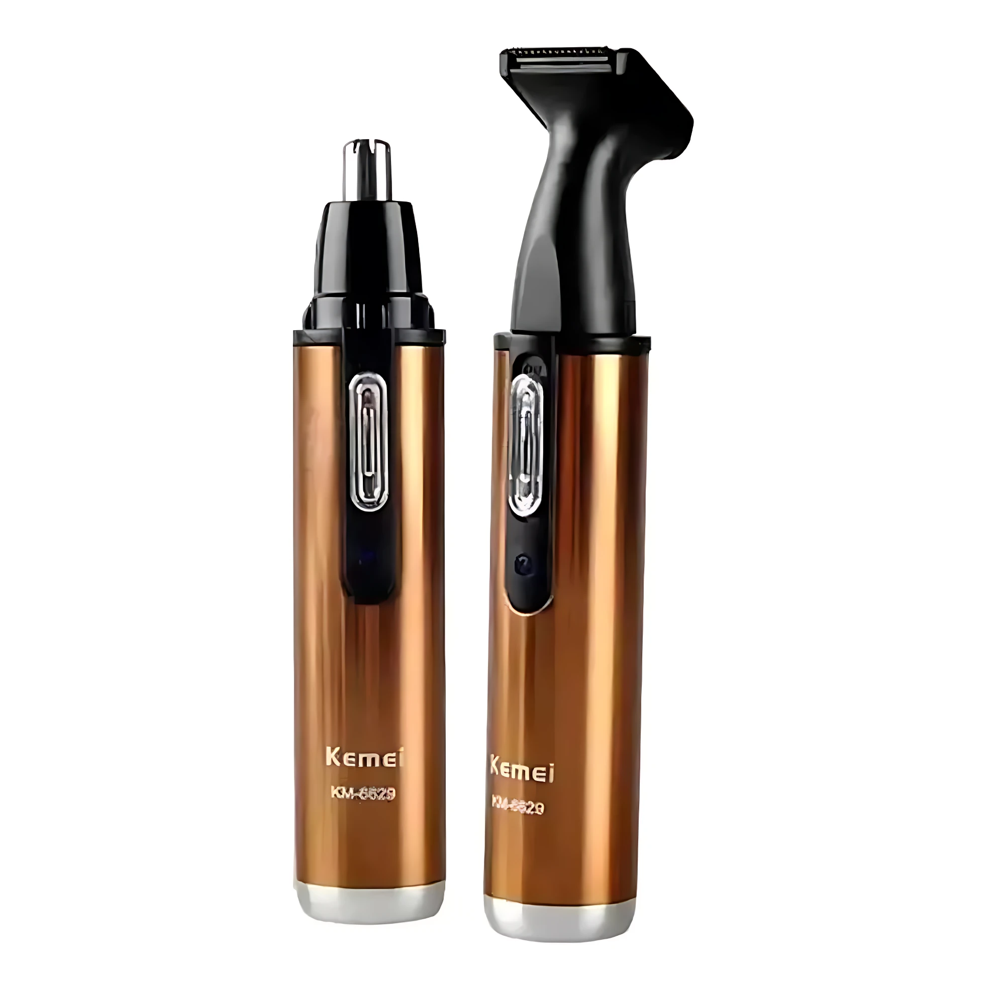 Cortapelos Kemei KM-6629 2 en 1 dorado: uno para nariz y otro para patillas.