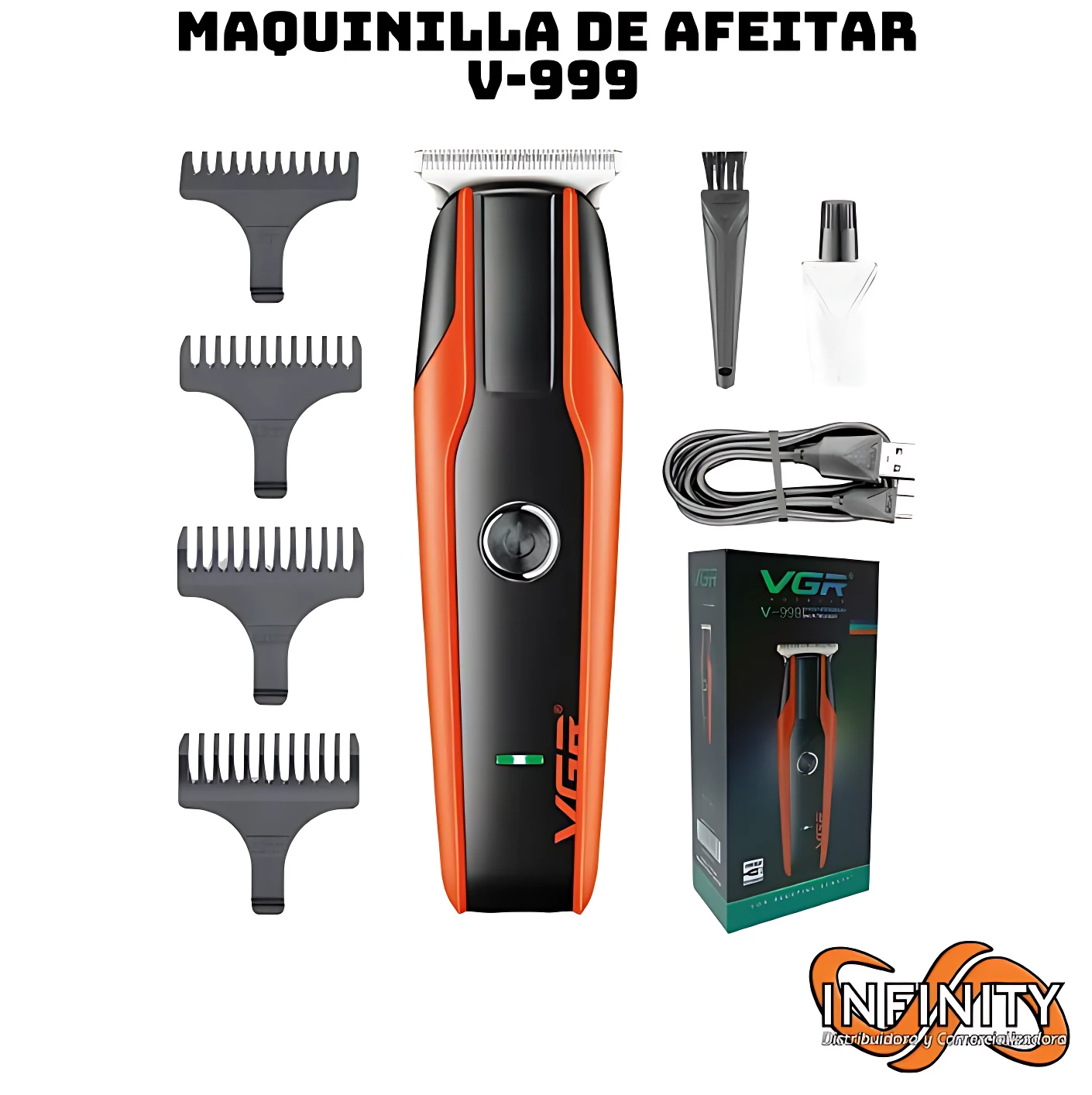 Recortadora profesional VGR V-999 negra y naranja con cuchillas de acero inoxidable, 3 peines, cepillo y cable USB.