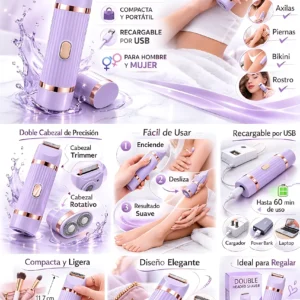 Rasuradora eléctrica doble cabezal púrpura, recargable por USB, para axilas, piernas y bikini.