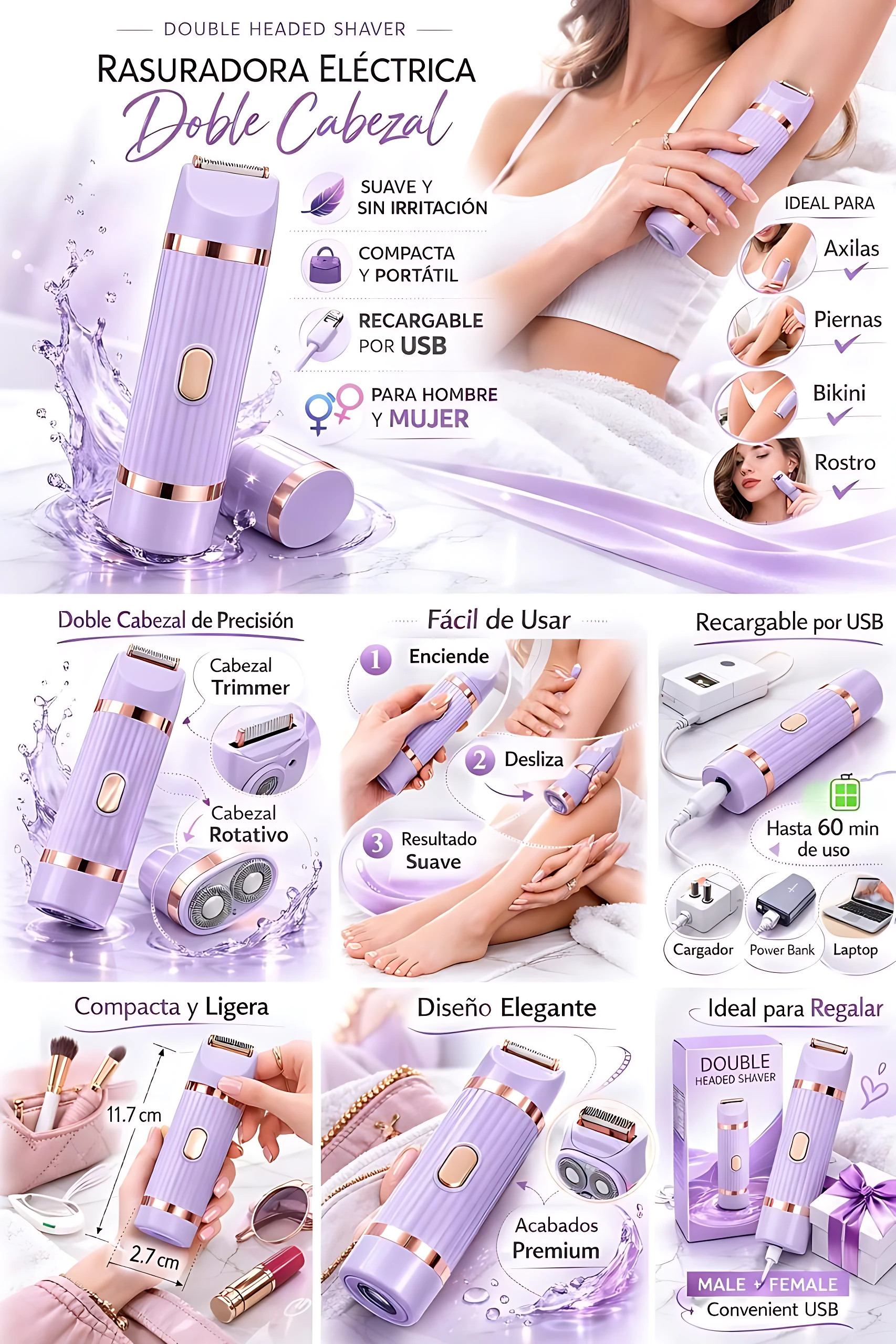 Rasuradora eléctrica doble cabezal púrpura, recargable por USB, para axilas, piernas y bikini.