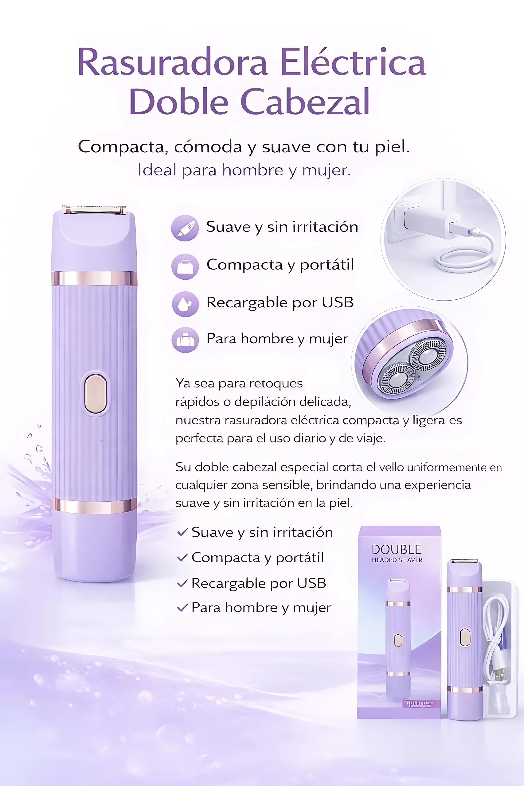 Rasuradora eléctrica doble cabezal lila, recargable por USB, para piel suave sin irritación.