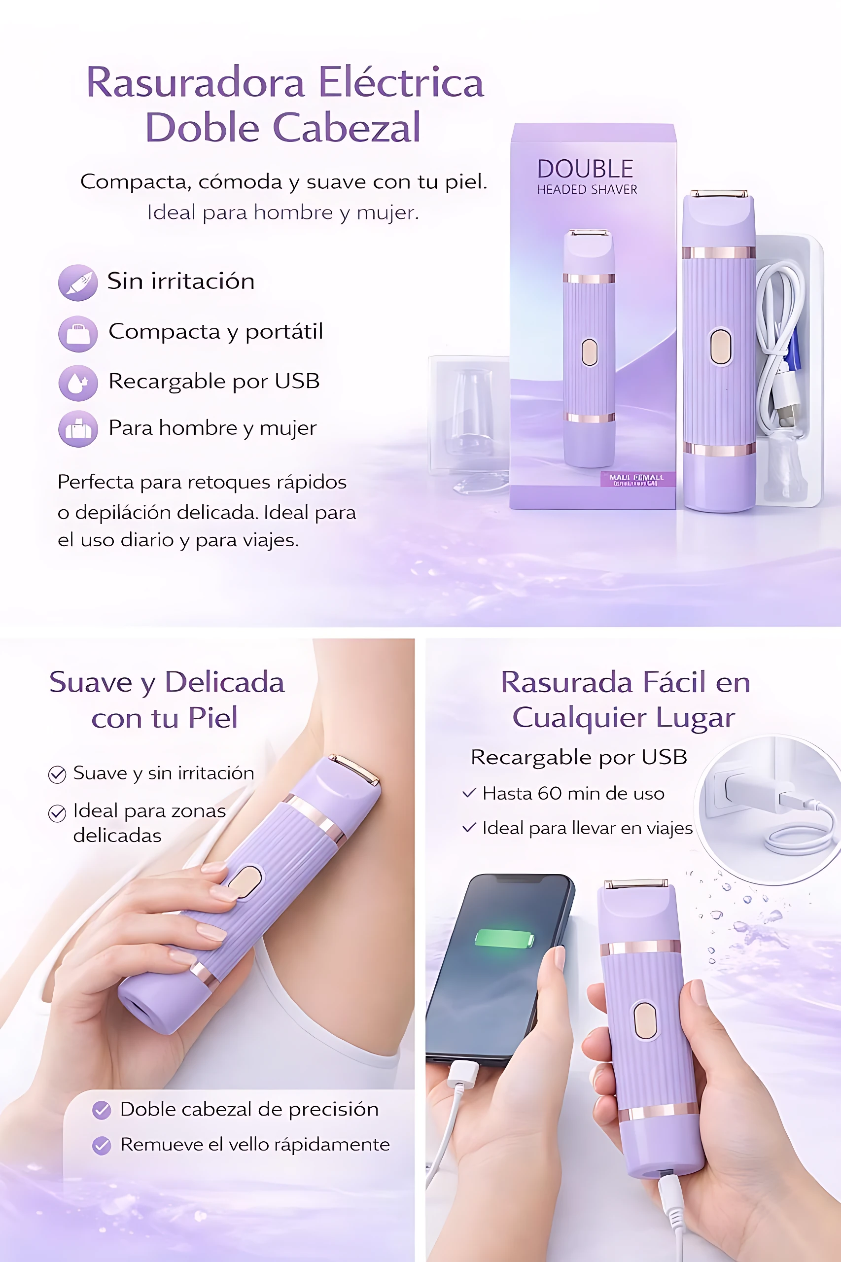 Rasuradora eléctrica doble cabezal morada recargable por USB, ideal para pieles delicadas y viajes.
