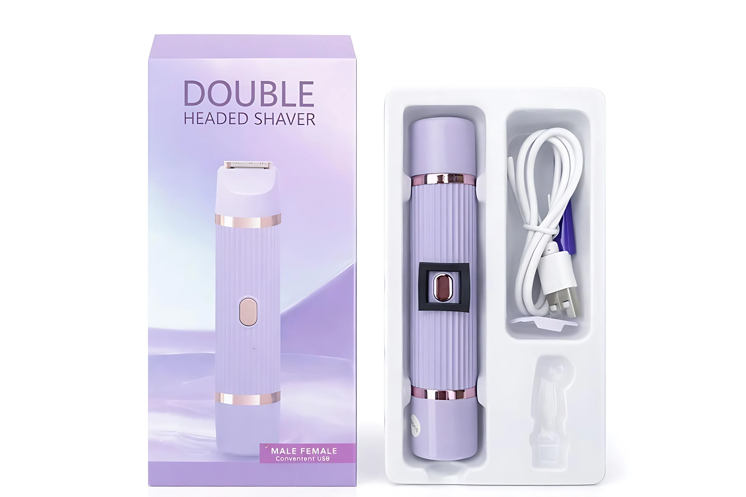 Rasuradora eléctrica doble cabezal morada, con cable USB, en empaque de presentación.