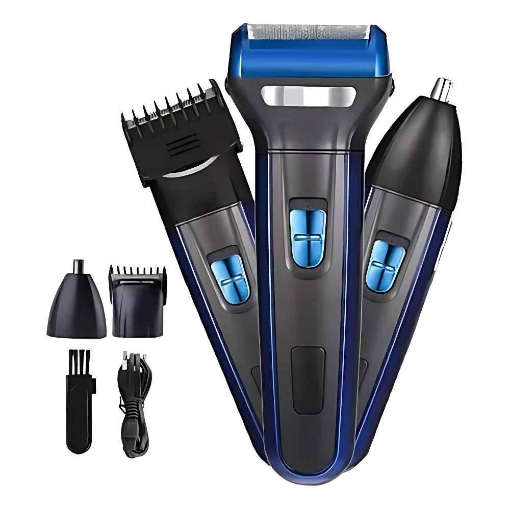 Máquina de cuidado personal Geemy 3 en 1 azul y negro, incluye afeitadora, perfiladora y depilador de nariz.