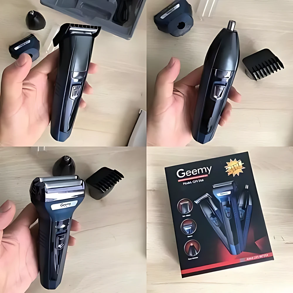 Máquina Geemy 3 en 1 azul oscuro para afeitar, perfilar y depilar, con accesorios y empaque.