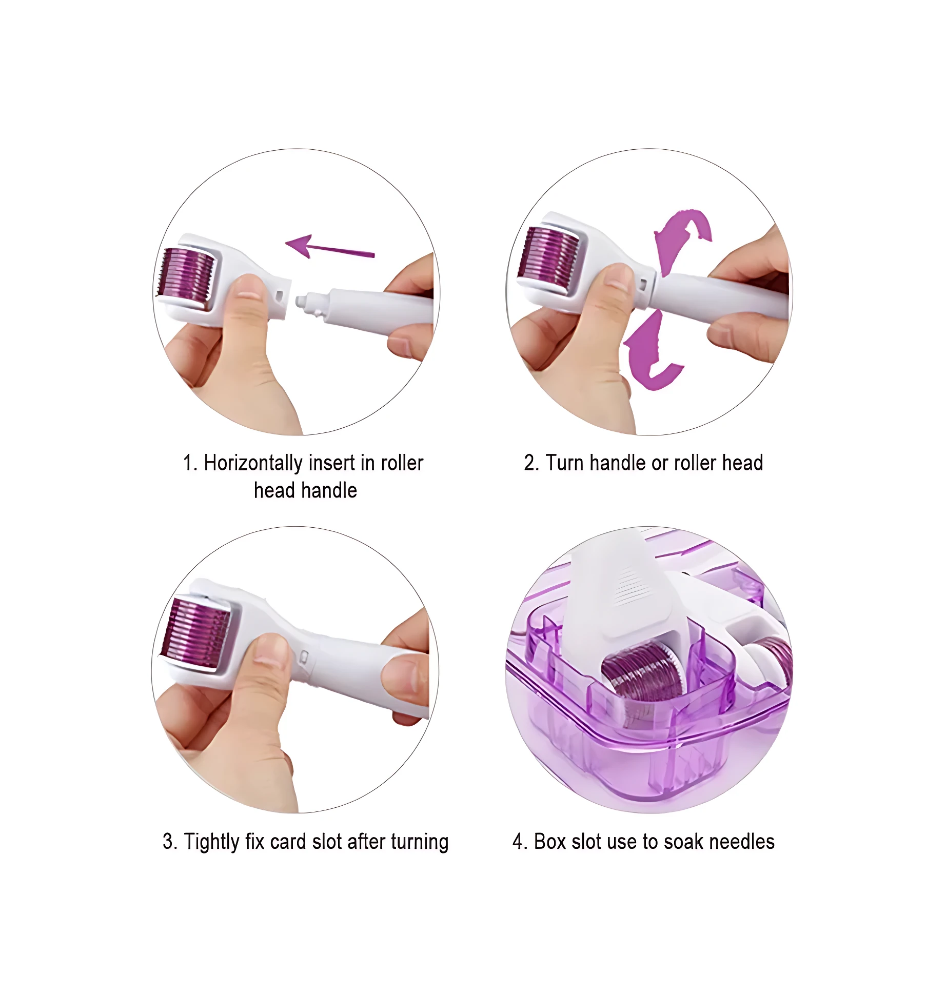 Derma roller facial 6 en 1: pasos de ensamblaje e instrucciones de uso, con cabezal y caja de almacenamiento morados.