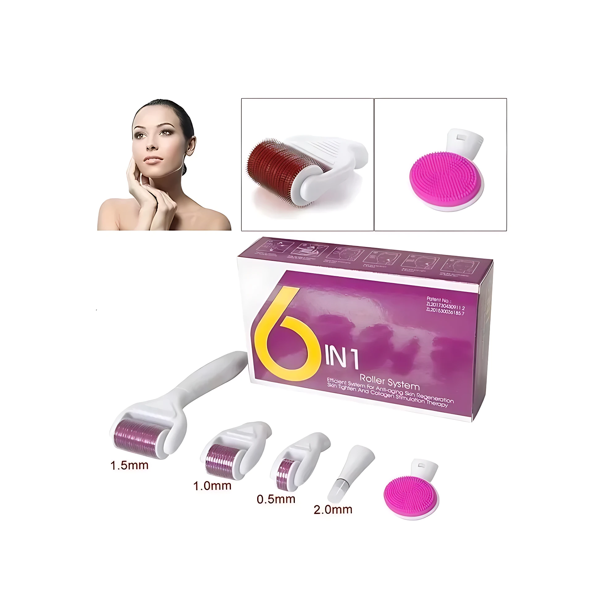 Masajeador facial 6 en 1 con rodillos de 0.5mm a 1.5mm, cepillo rosa y cabezal para ojeras.