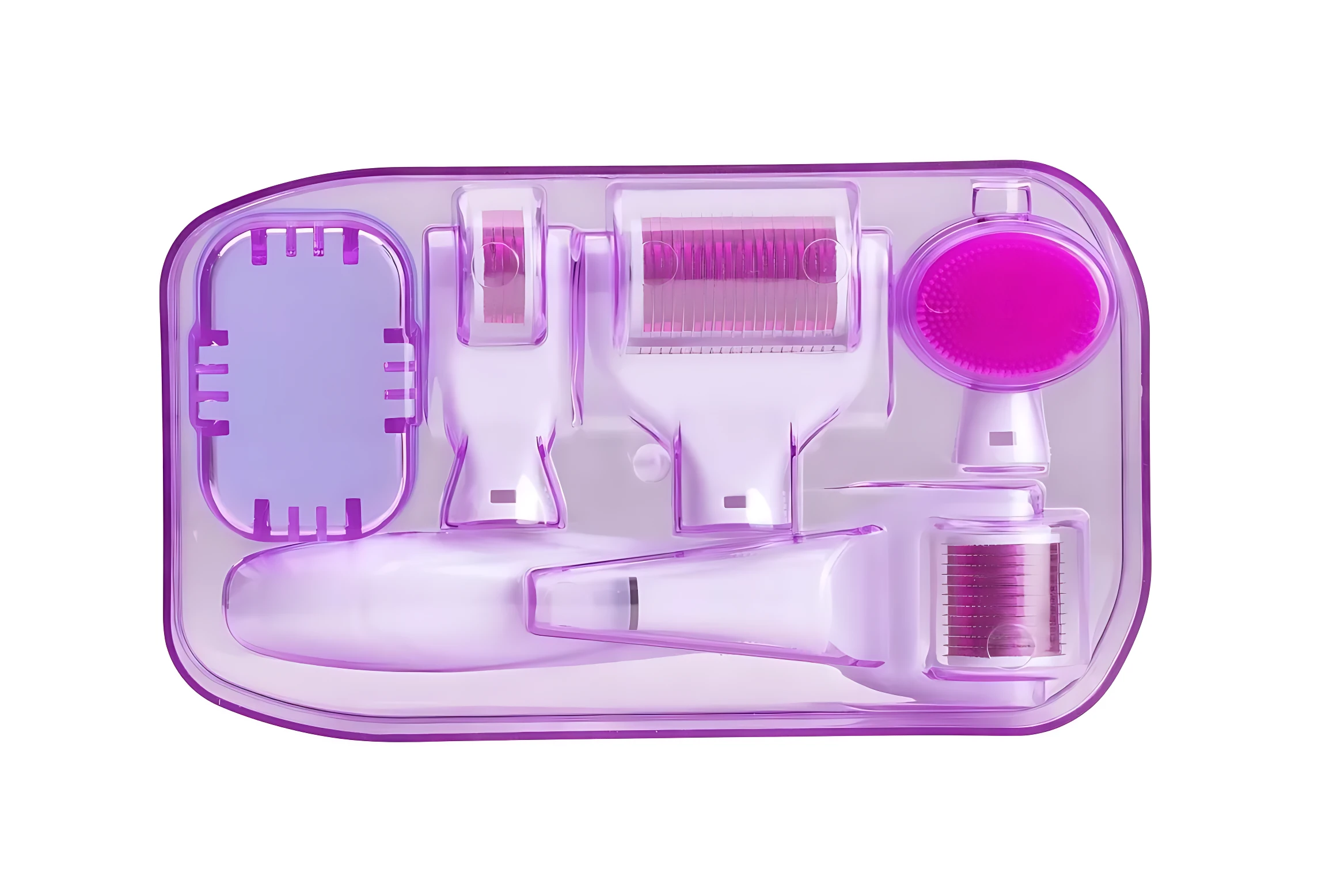 Kit de rodillo facial y corporal 6 en 1 en estuche morado, incluye cabezal de cepillo y rodillos de microagujas para rejuvenecimiento de la piel.