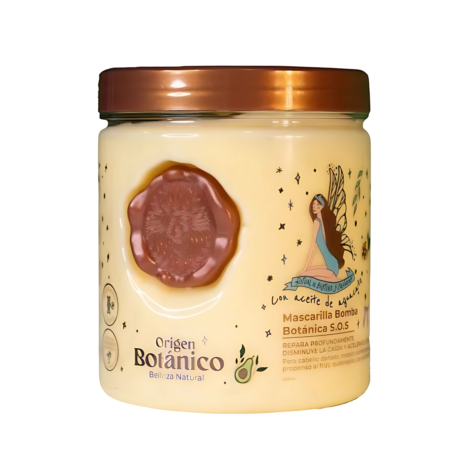 Mascarilla capilar reparadora Origen Botánico en pote, color crema, con grabado estilo sello y diseño de hada.