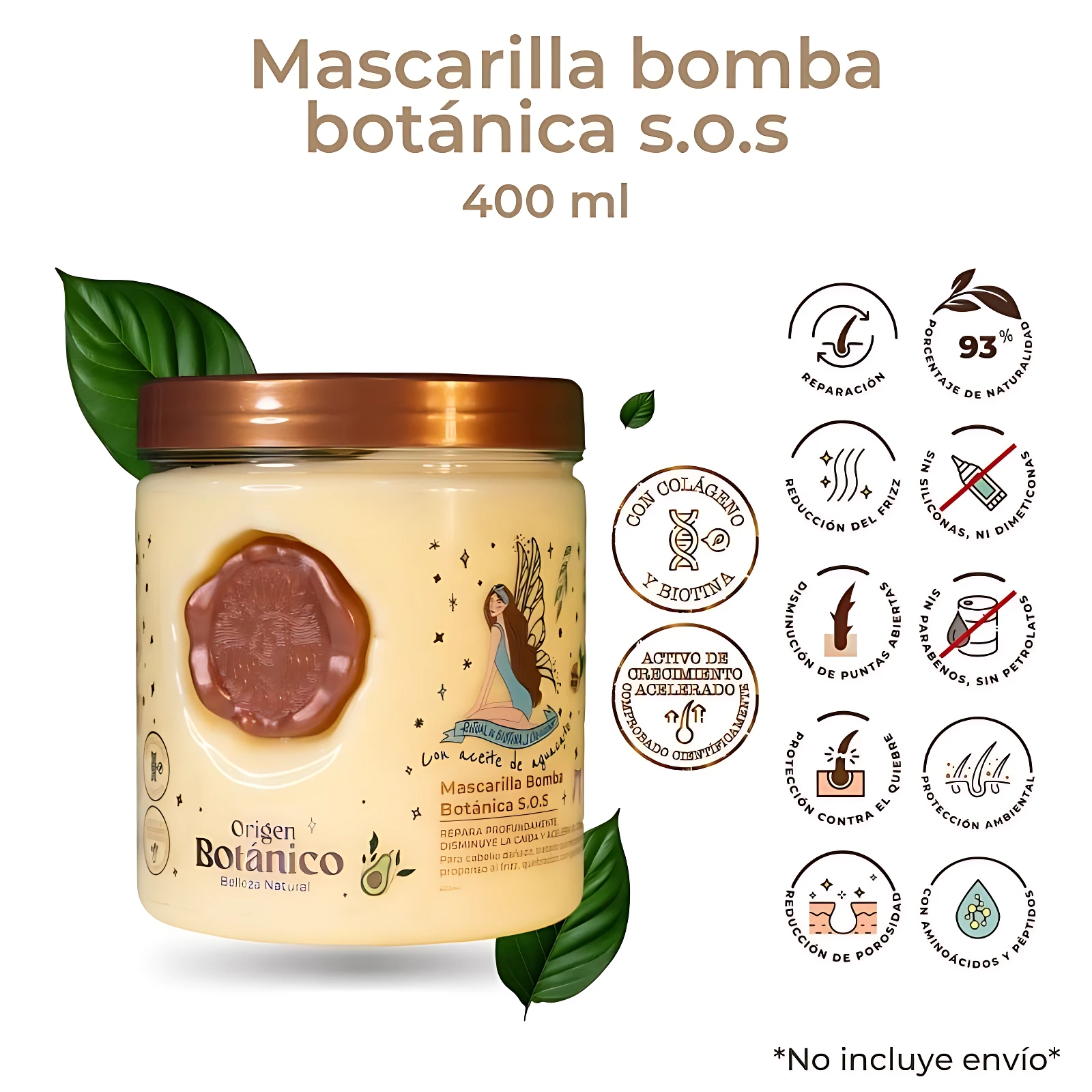 Mascarilla capilar Origen Botánico 400 ml, crema reparadora con colágeno y biotina, para cabello.