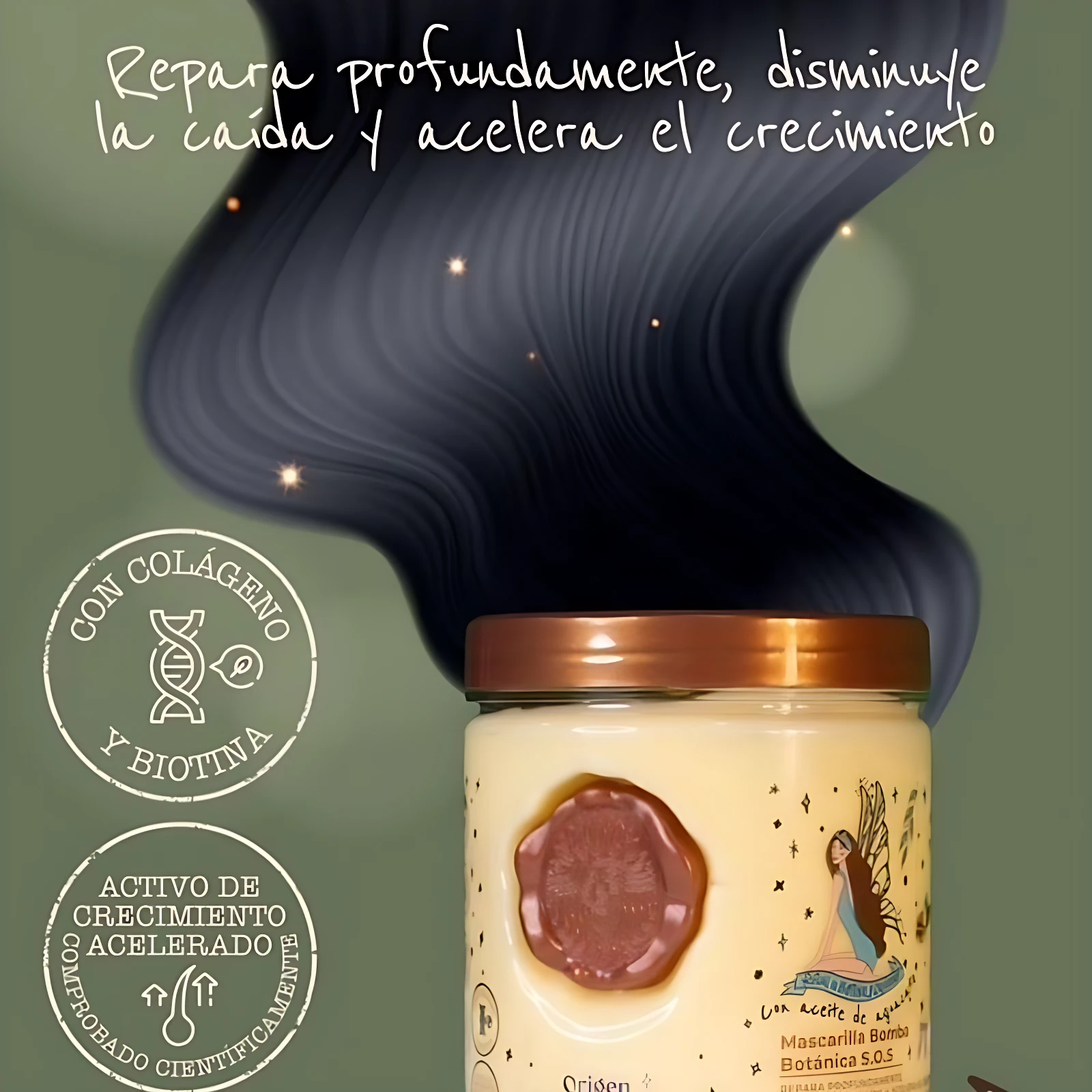 Mascarilla capilar reparadora con colágeno y biotina, acelera crecimiento y reduce caída.