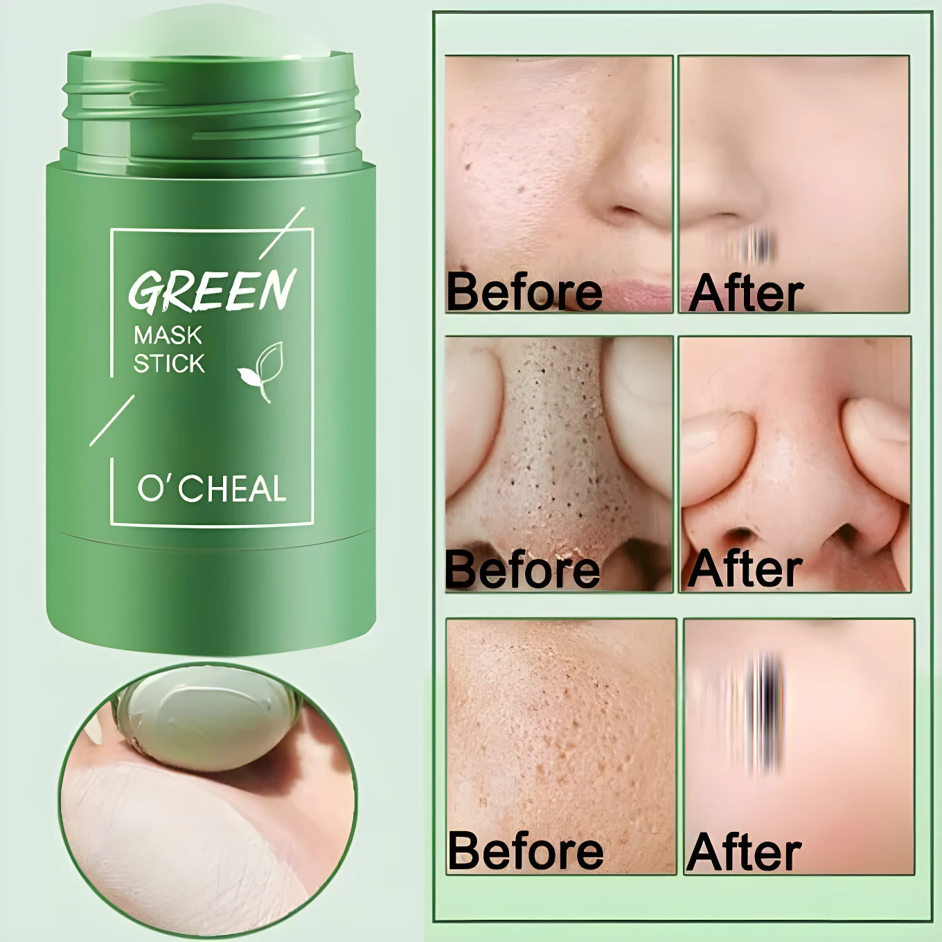 Mascarilla facial en barra verde "Green Mask Stick O'CHEAL", con antes y después de poros y piel.