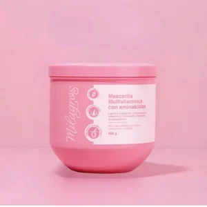 Mascarilla Milagros multivitamínica con aminoácidos en envase rosa de 450g, ideal para cabello dañado.