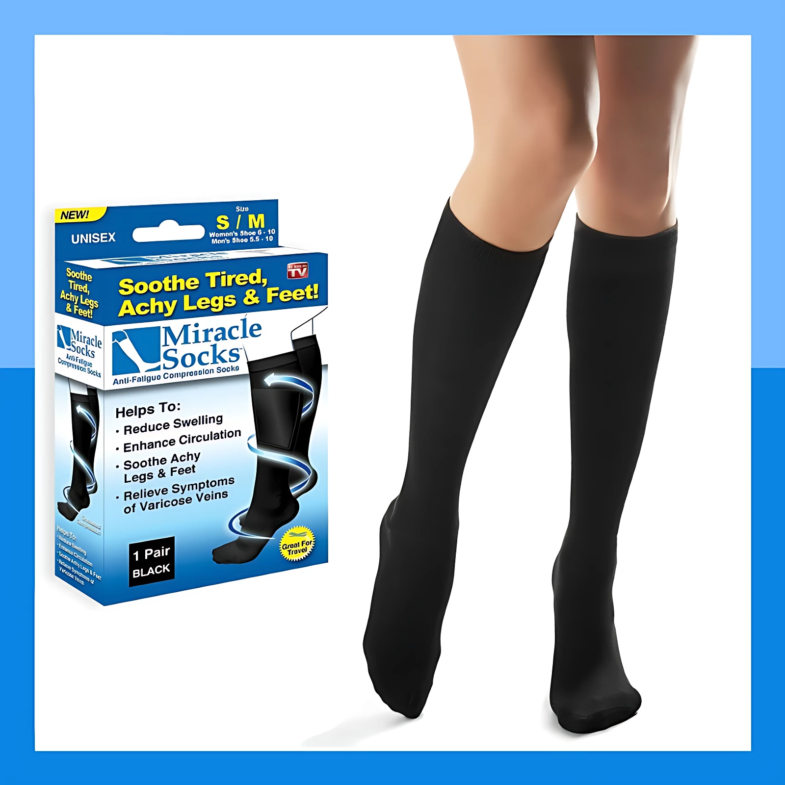 Medias de compresión negras Miracle Socks talla S/M para aliviar fatiga e hinchazón, ideal para viajar.