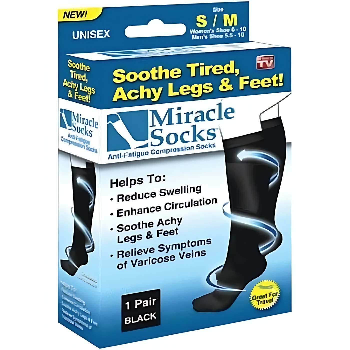 Caja de Miracle Socks UNISEX talla S/M negras para piernas cansadas, ayuda a reducir hinchazón y mejorar circulación.