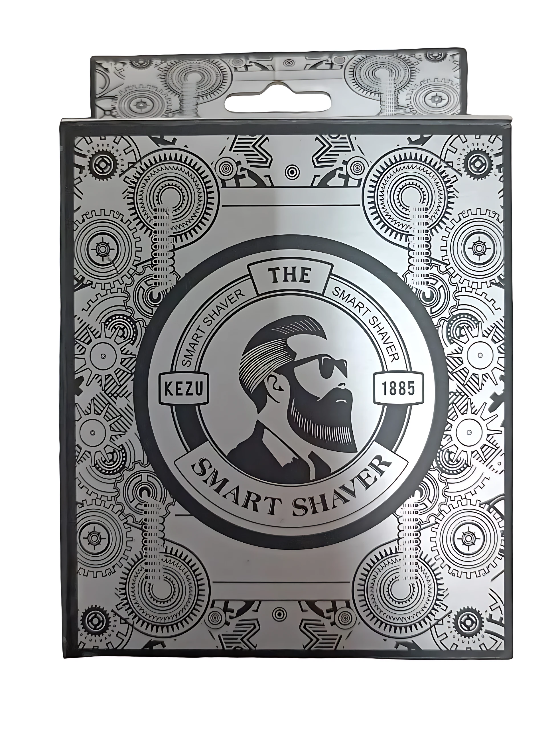 Caja de afeitadora eléctrica KEZU Smart Shaver con diseño de engranajes plateados y silueta de hombre con gafas.