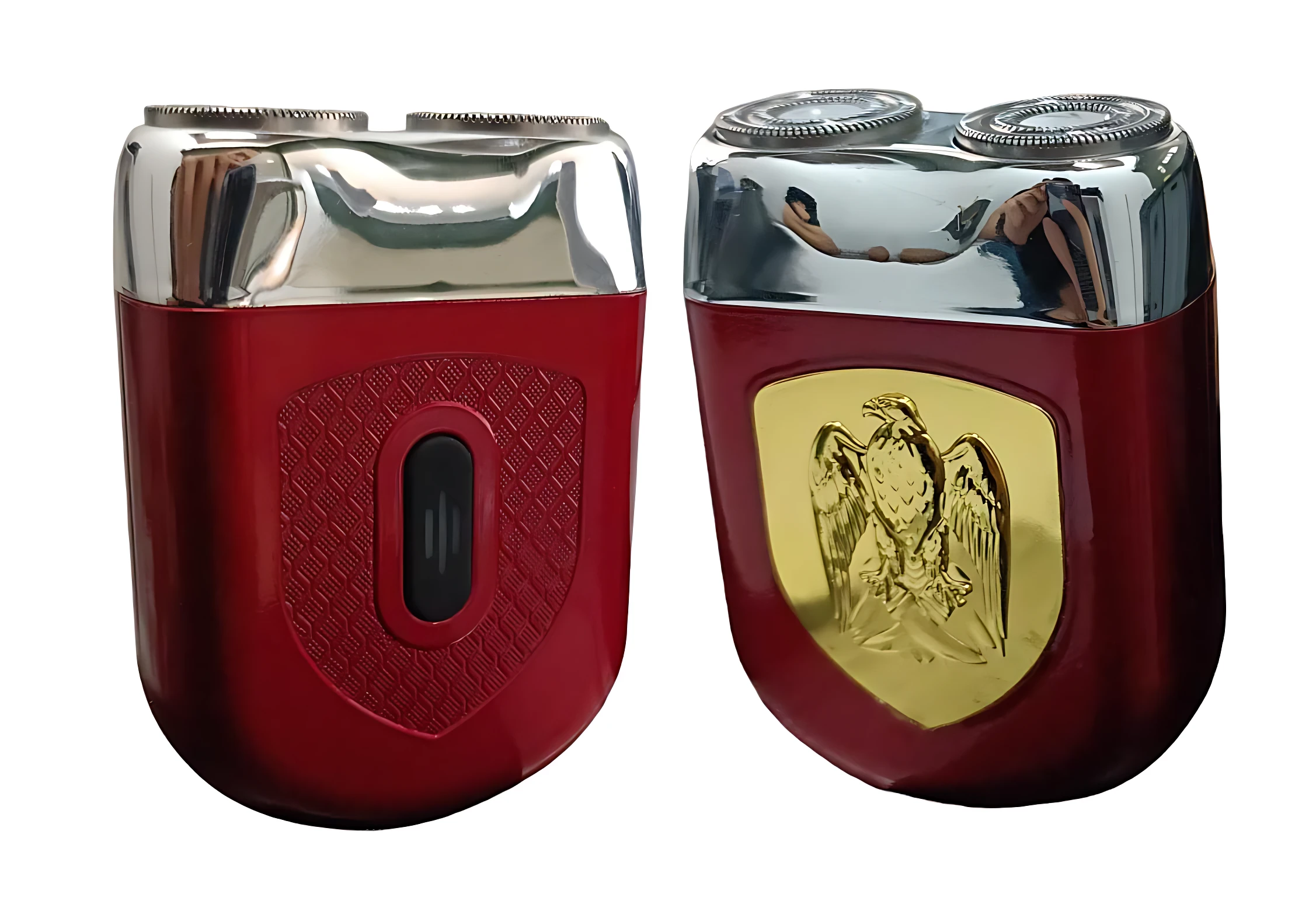Mini afeitadora portátil roja eléctrica recargable tipo C con diseño de águila dorada.