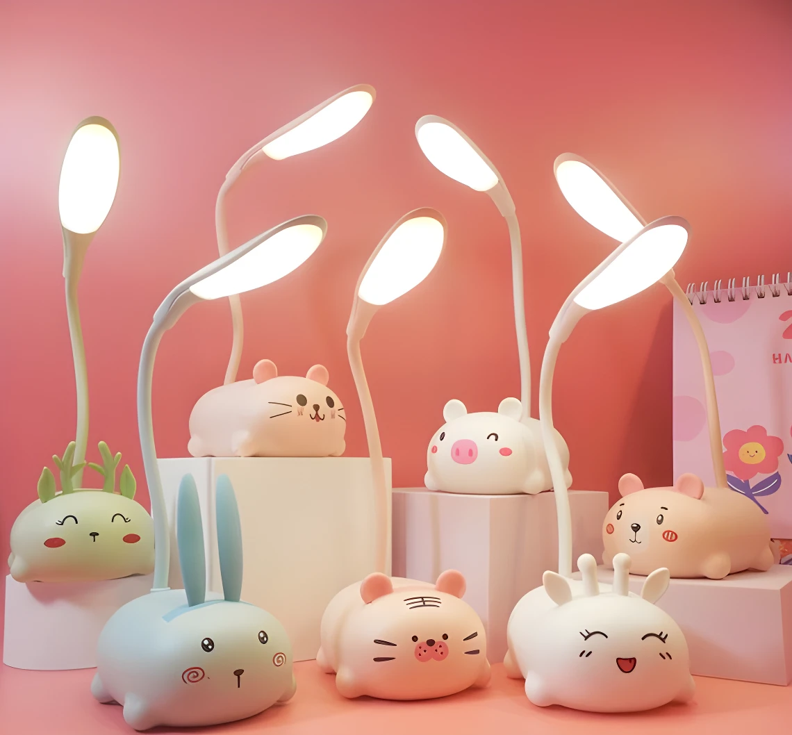 Mini lámparas LED recargables USB kawaii con forma de animales: conejos, cerditos y otros.