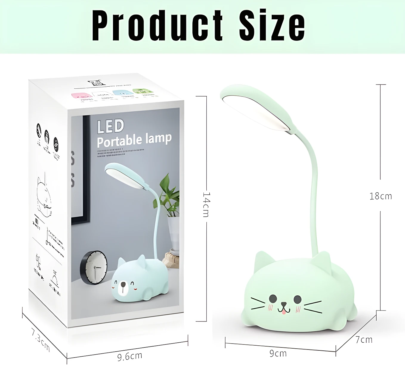 Lámpara de escritorio LED portátil en forma de gato kawaii, color verde menta, altura 18cm.