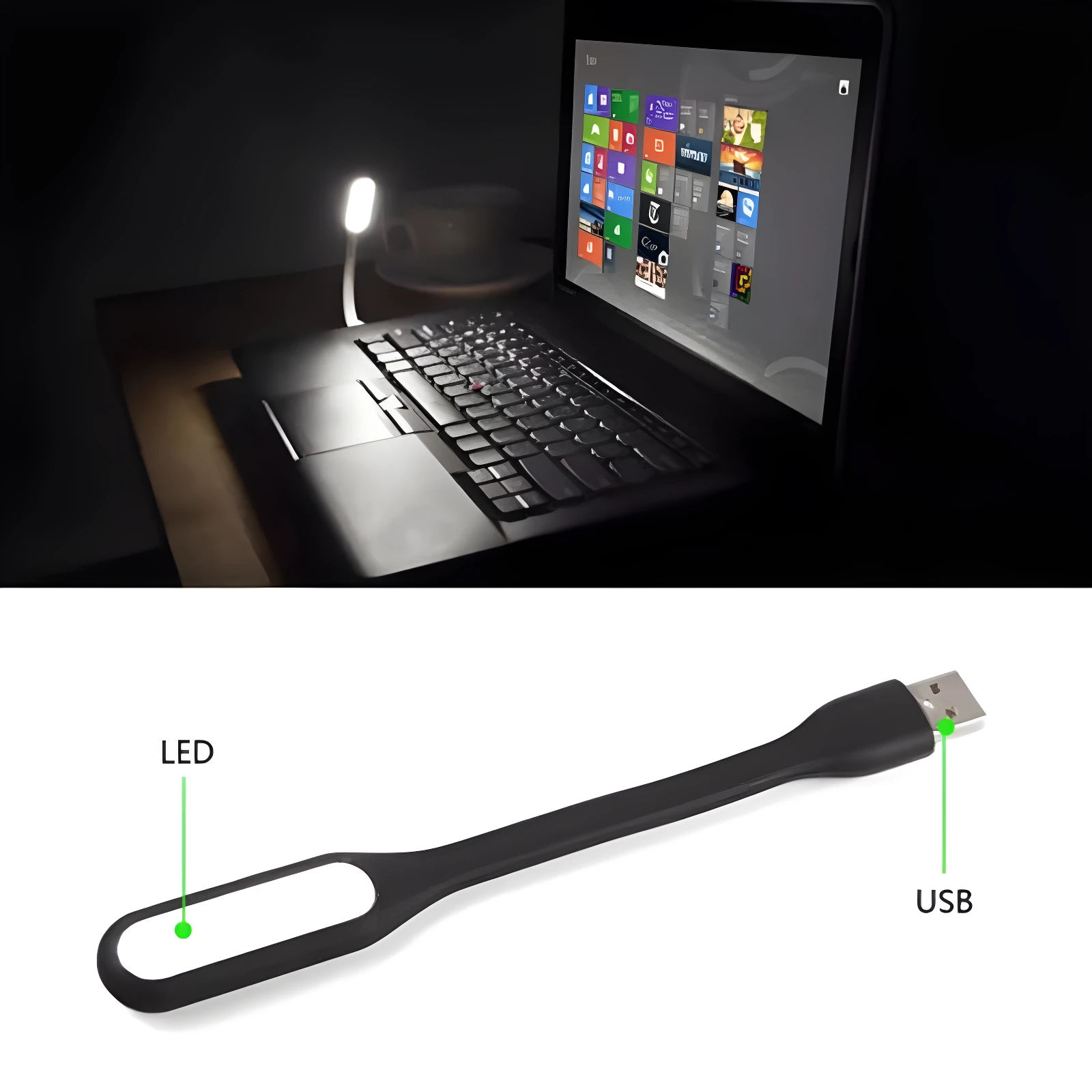 Lámpara LED USB flexible negra, ilumina portátil y libros. Ideal para viajes y estudio.