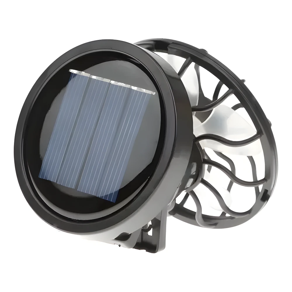 Ventilador solar clip negro para gorra, con panel para energía y aspas blancas.