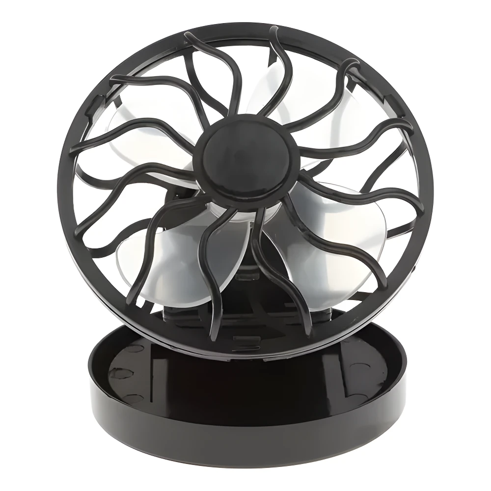 Mini ventilador solar negro con clip, diseño compacto, ideal para visera o gorra.