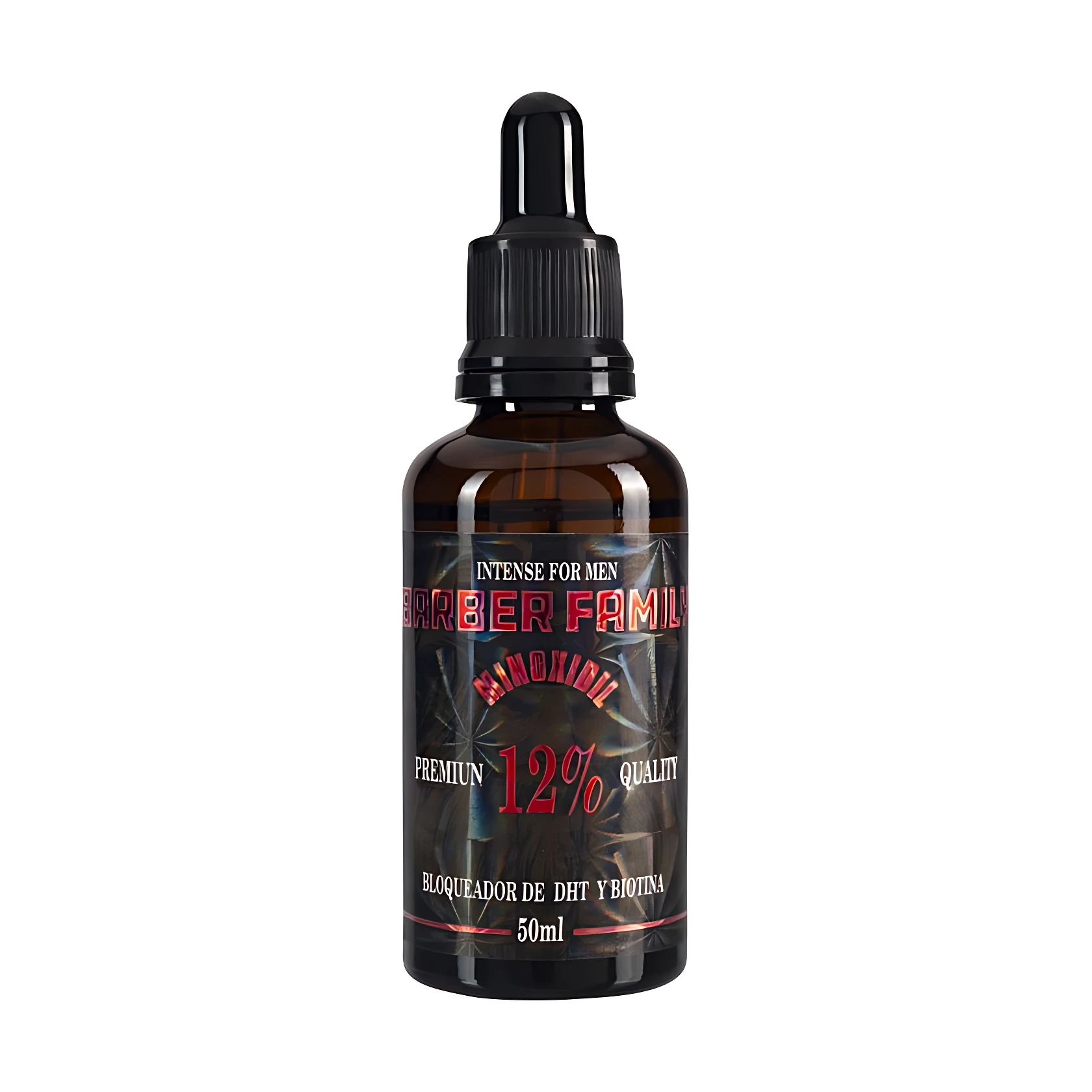 Frasco ámbar con gotero negro, tónico capilar y barba Minoxidil Barber Family 12% para crecimiento de vello, 50ml.