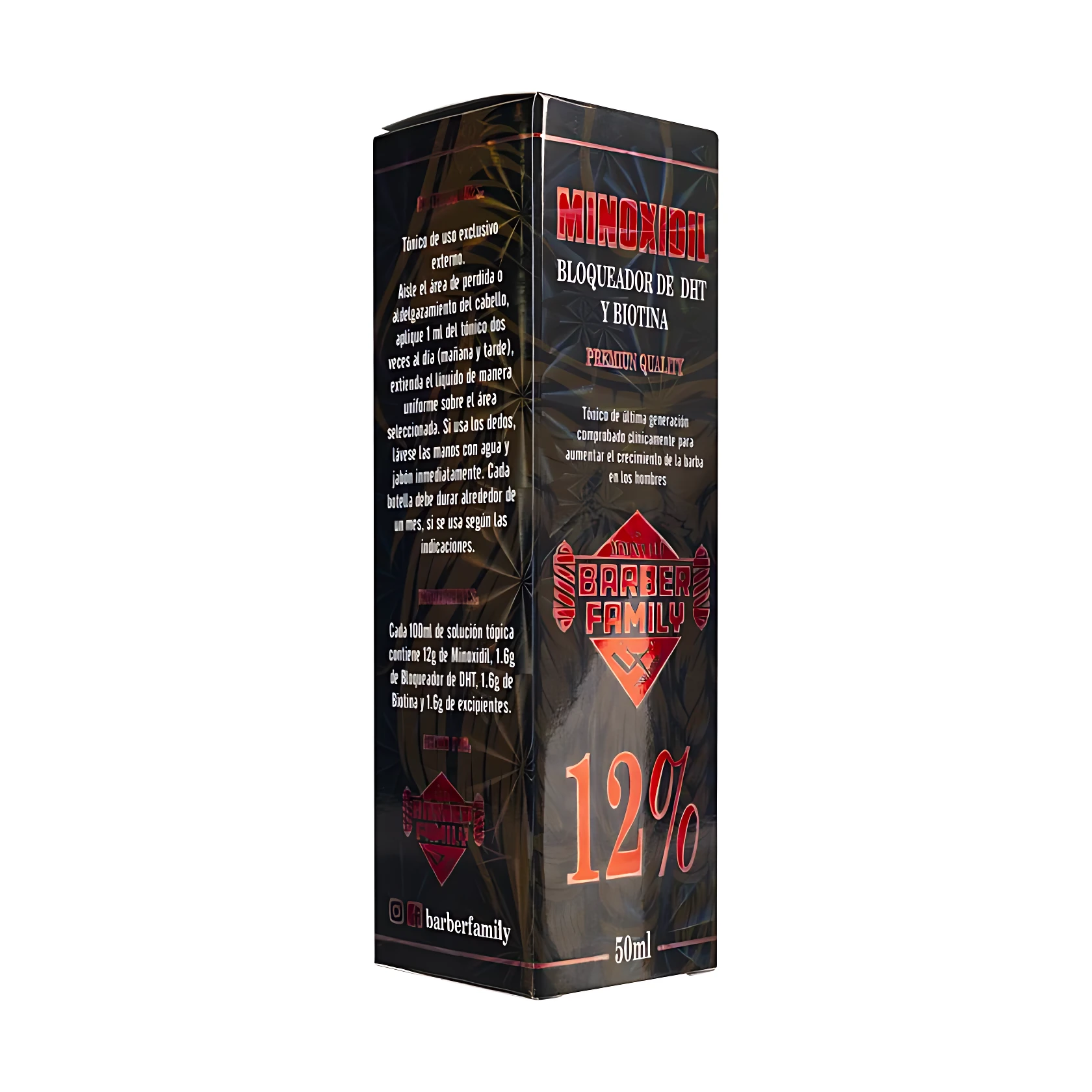 Caja de tónico Minoxidil Barber Family 12% para crecimiento capilar y de barba, 50ml.