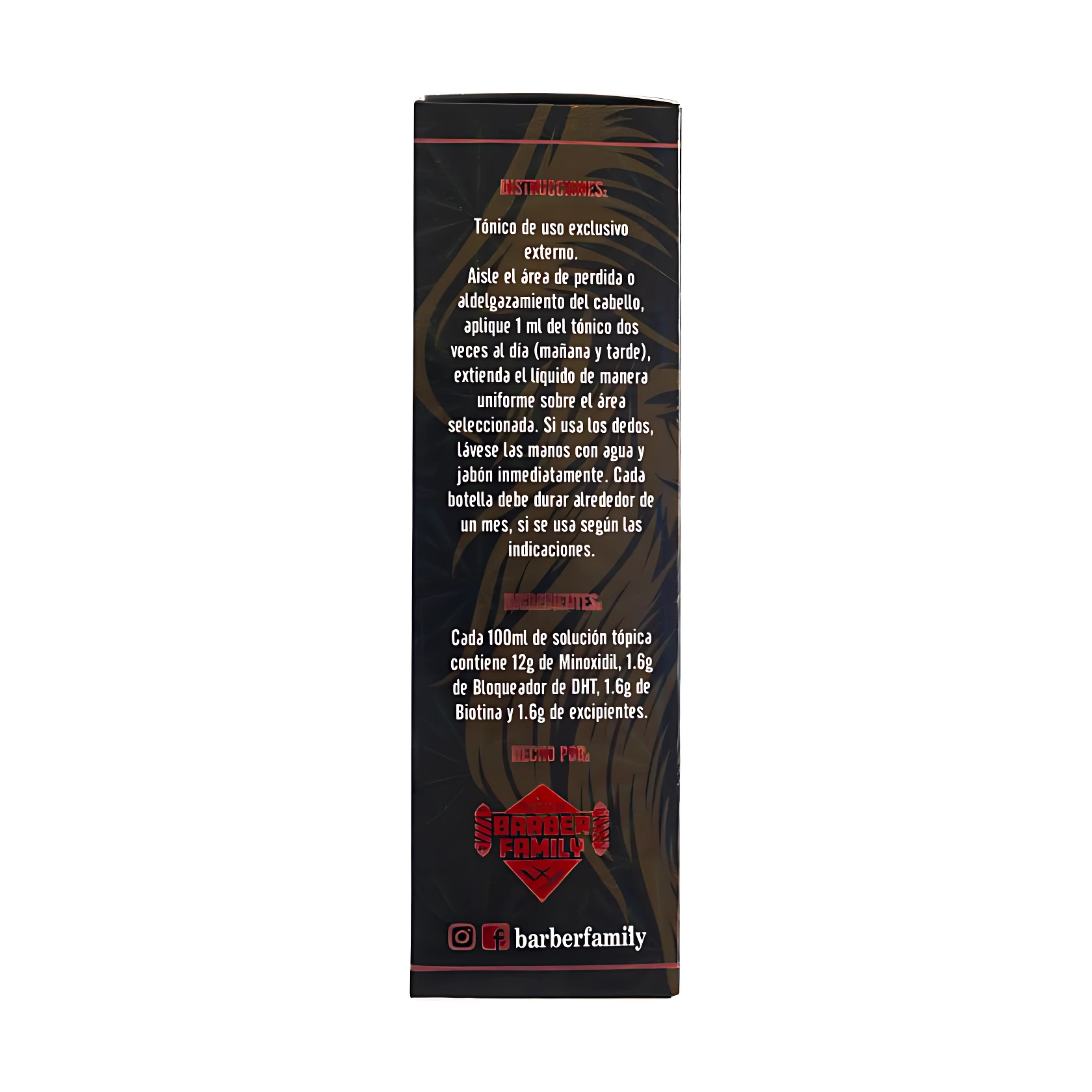 Tónico capilar Barber Family 12% en caja negra con instrucciones de uso y componentes.