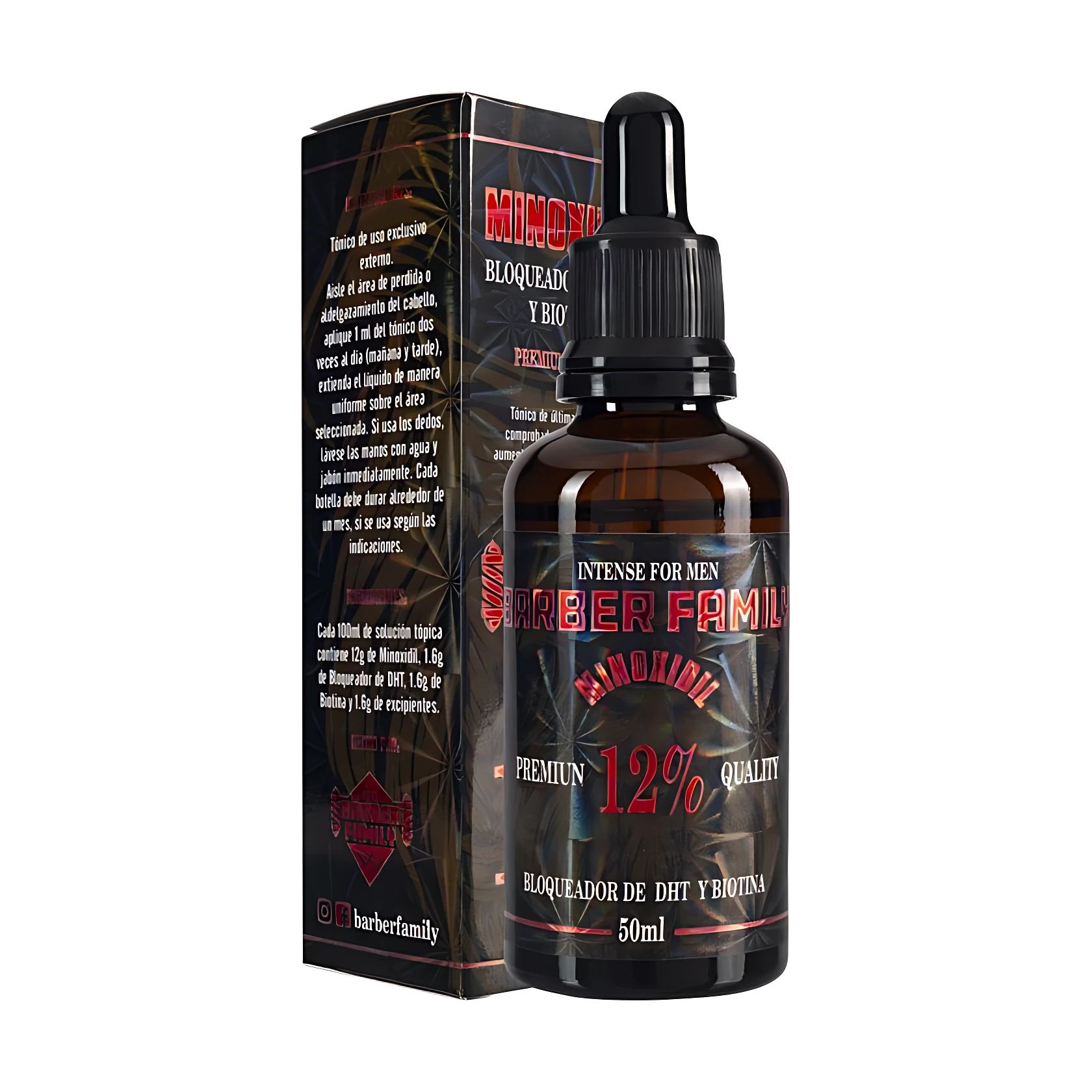 Tónico capilar y barba Minoxidil Barber Family 12% en frasco ámbar con gotero, 50ml.