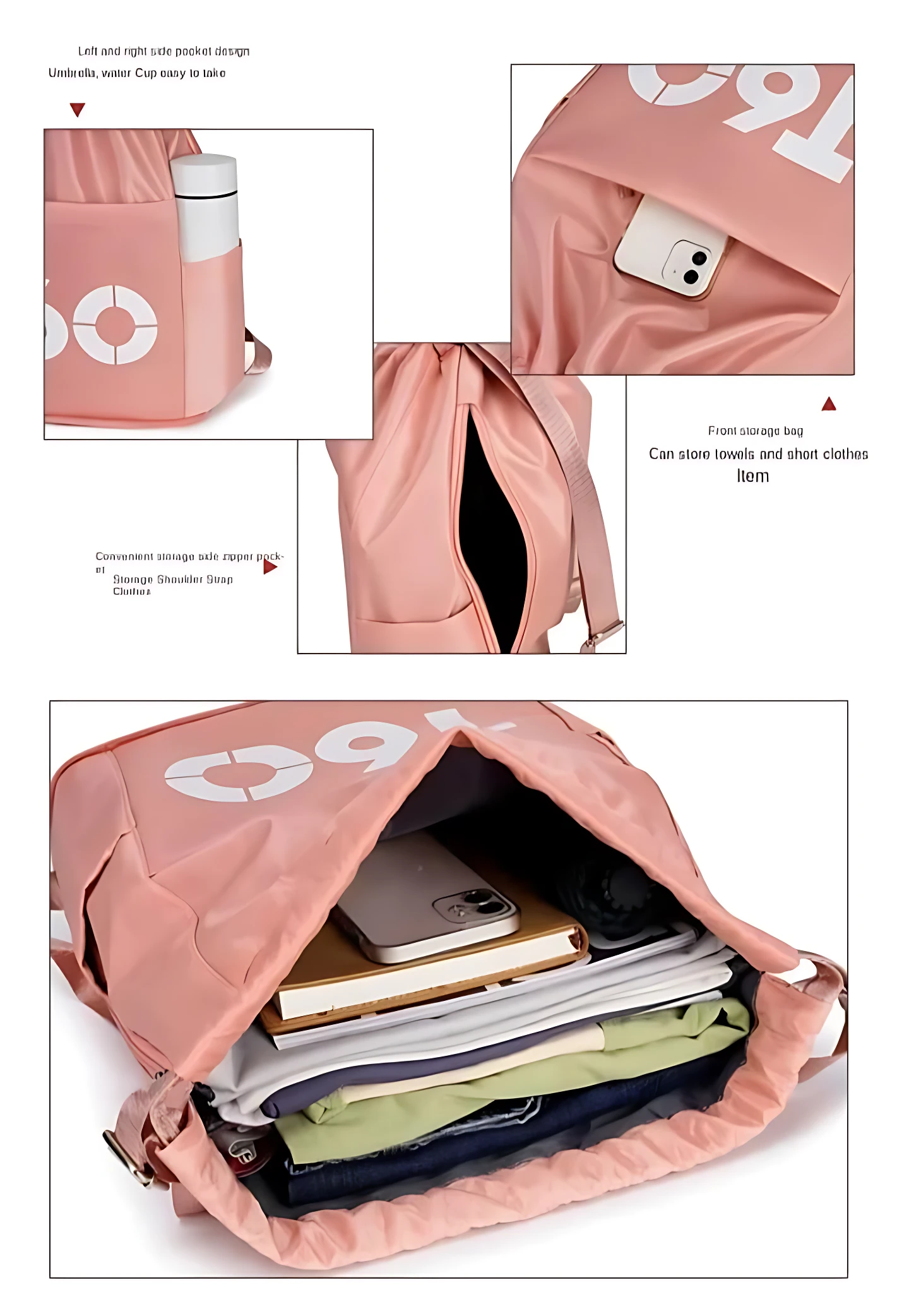 Mochila deportiva rosa de nylon y poliéster, con compartimentos laterales para botella y frontal para celular, ideal para viajes cortos.