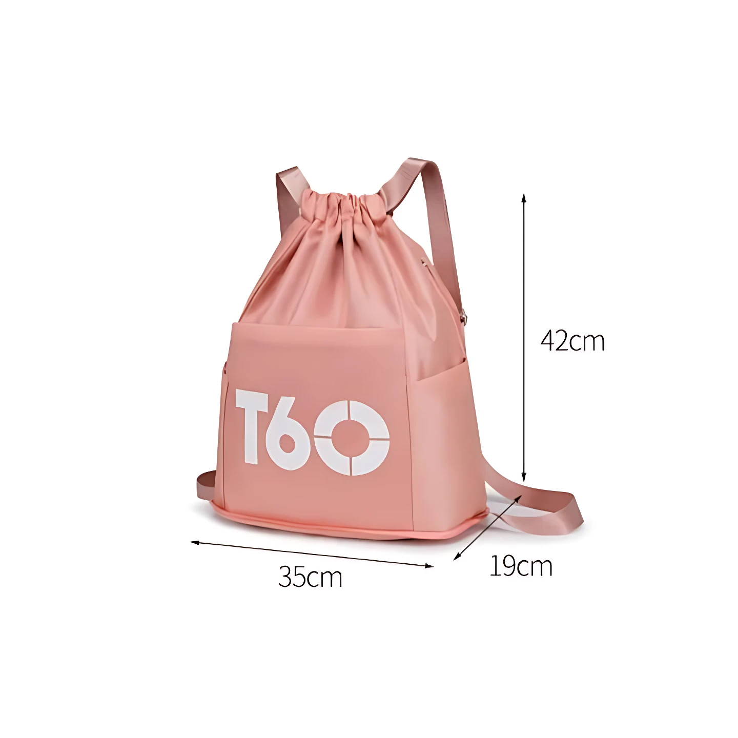 Mochila deportiva rosa de nylon y poliéster, 42x35x19cm, con logo T60 blanco y bolsillos laterales.