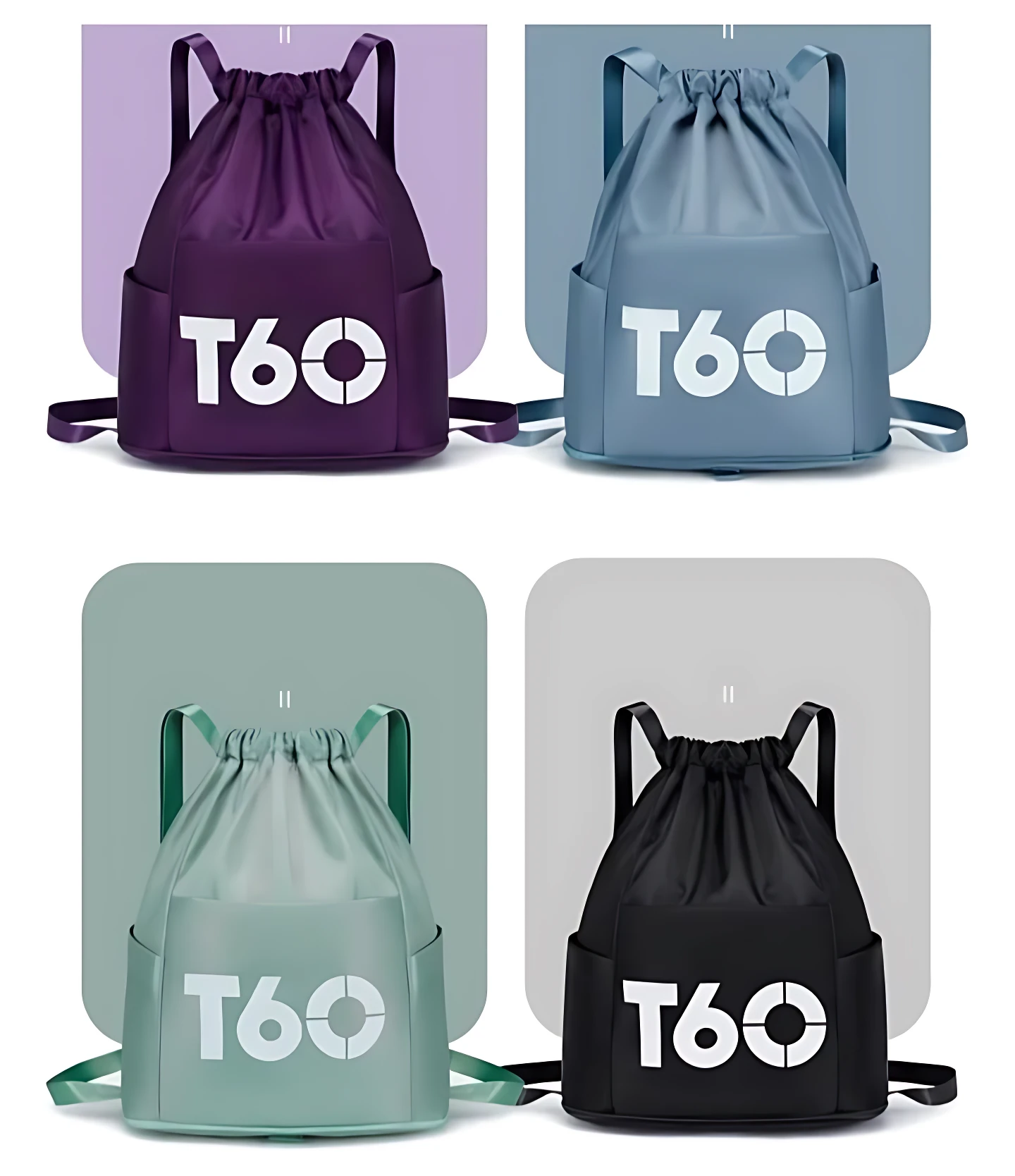Mochilas deportivas unisex T60 en morado, gris, verde menta y negro, con logo blanco y bolsillos laterales.