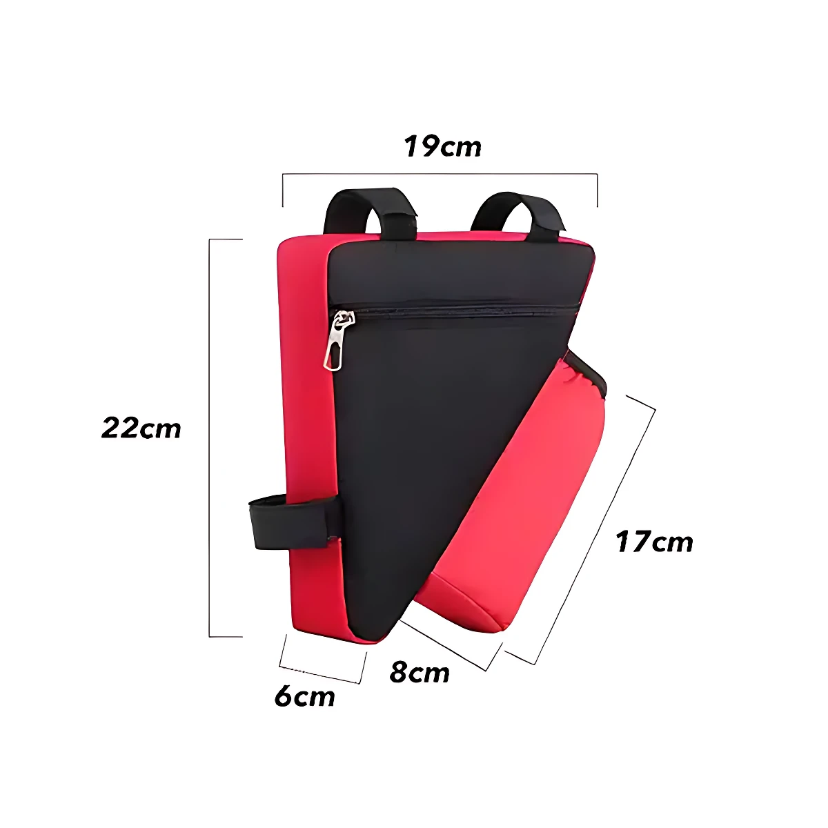 Bolsa roja y negra para cuadro de bicicleta, 22x19x8cm, con compartimento para botella.