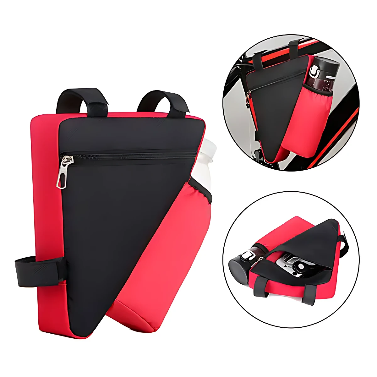 Mochila triangular roja y negra para cuadro de bicicleta, con portabotella lateral y detalles de cremallera.