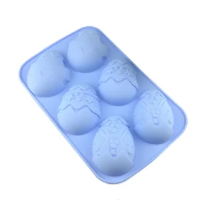 Molde de silicona azul para 6 huevos de Pascua con diseños de conejos y patrones, ideal para repostería.