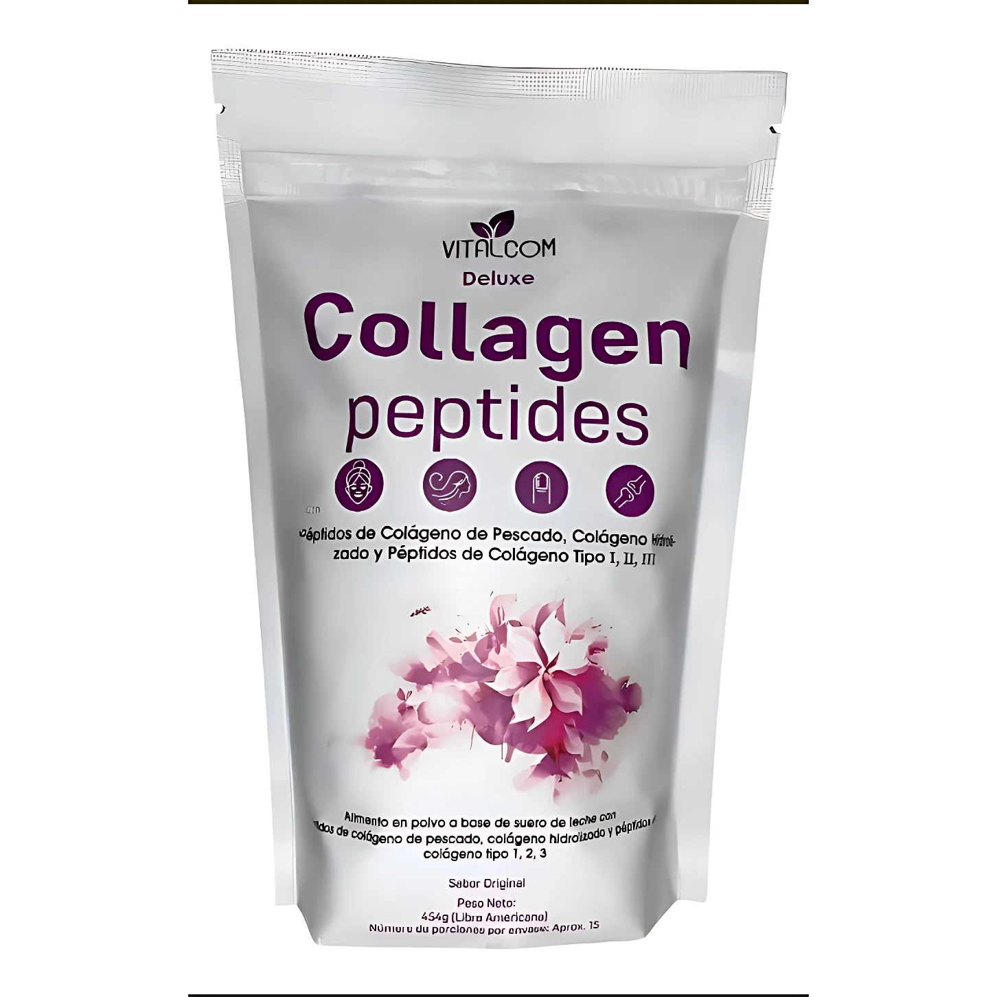 Bolsa de colágeno en polvo sabor original, 454g, con péptidos de pescado y suero de leche para piel y articulaciones.
