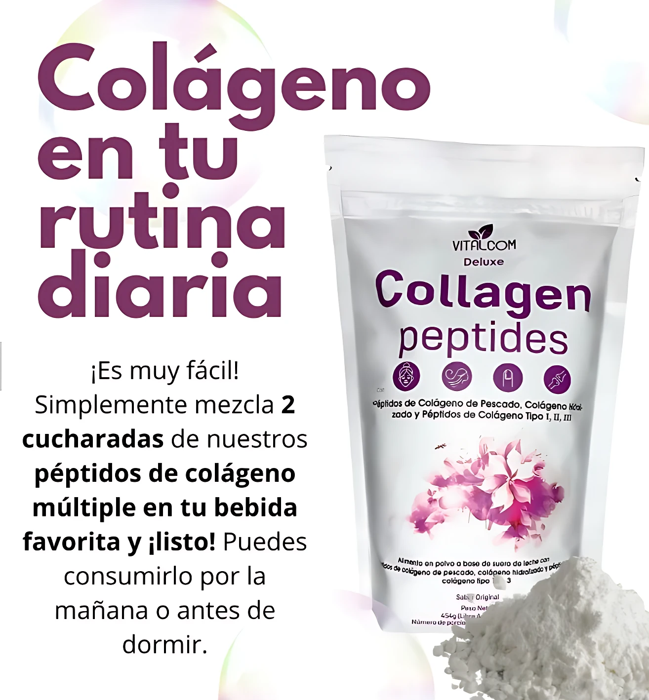 Colágeno hidrolizado en polvo, presentación de 454g, para rutina diaria, mejora piel y articulaciones.