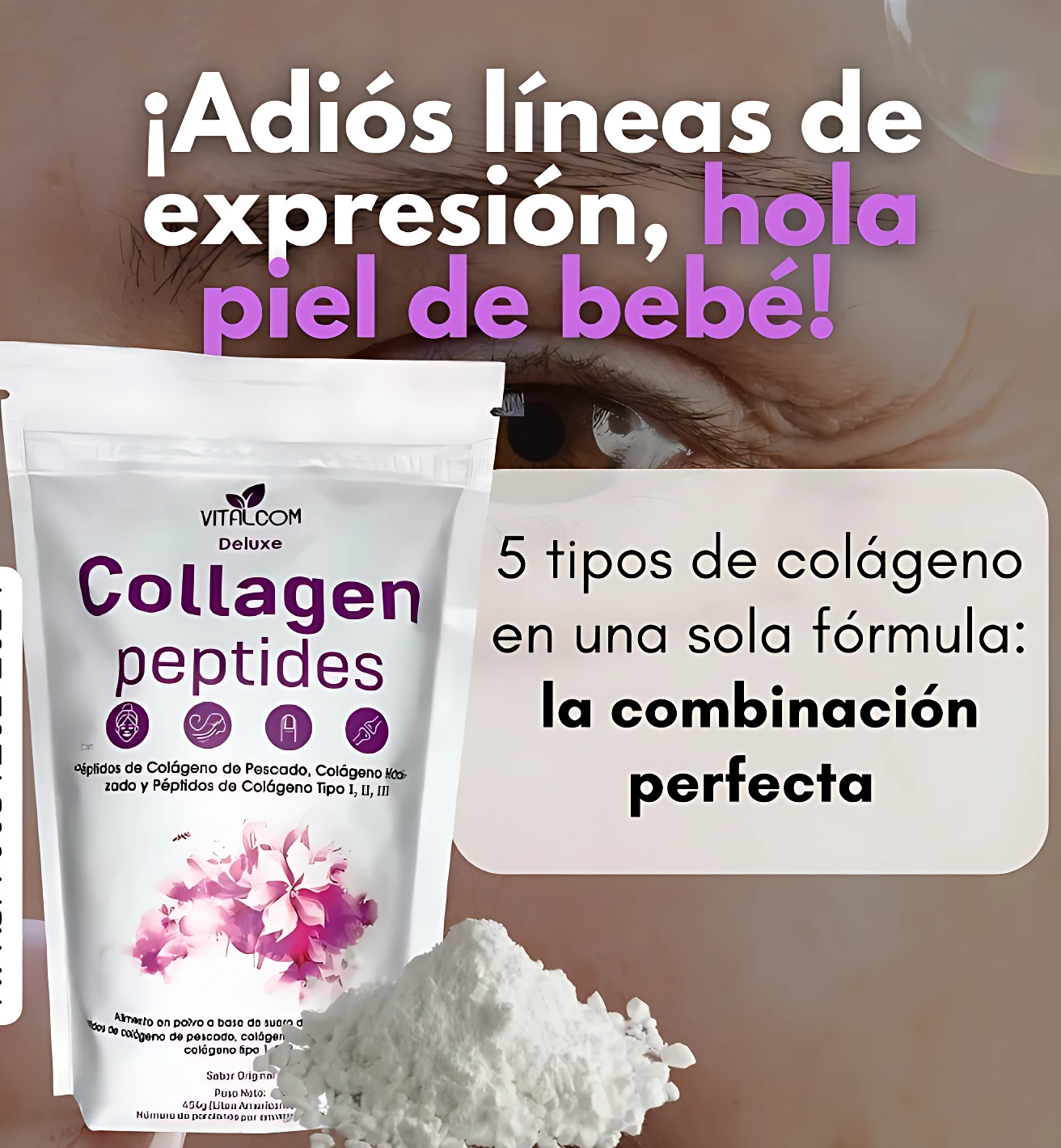 Bolsa de Collagen Peptides Deluxe con polvo blanco y flores rosas, ideal para piel y articulaciones.