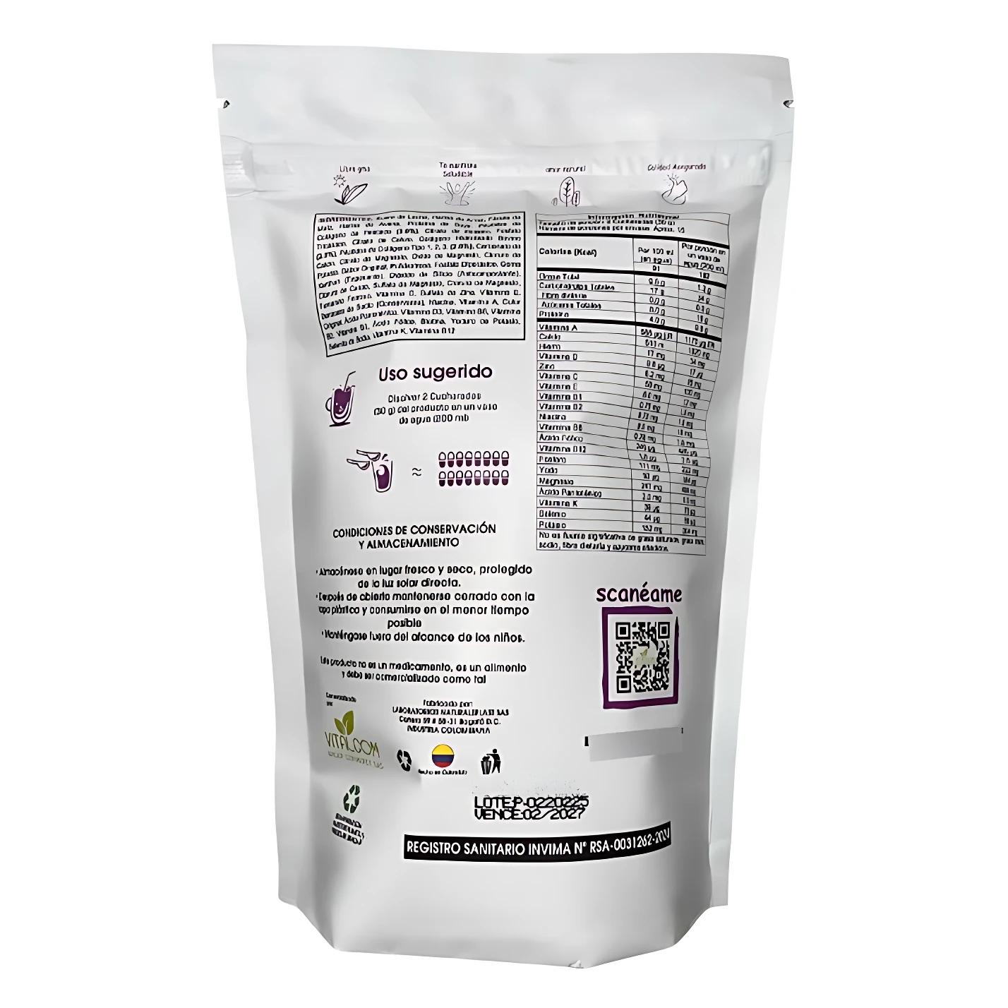 Bolsa de Multi Collagen Peptides, colágeno hidrolizado de pescado, con información nutricional y modo de uso.
