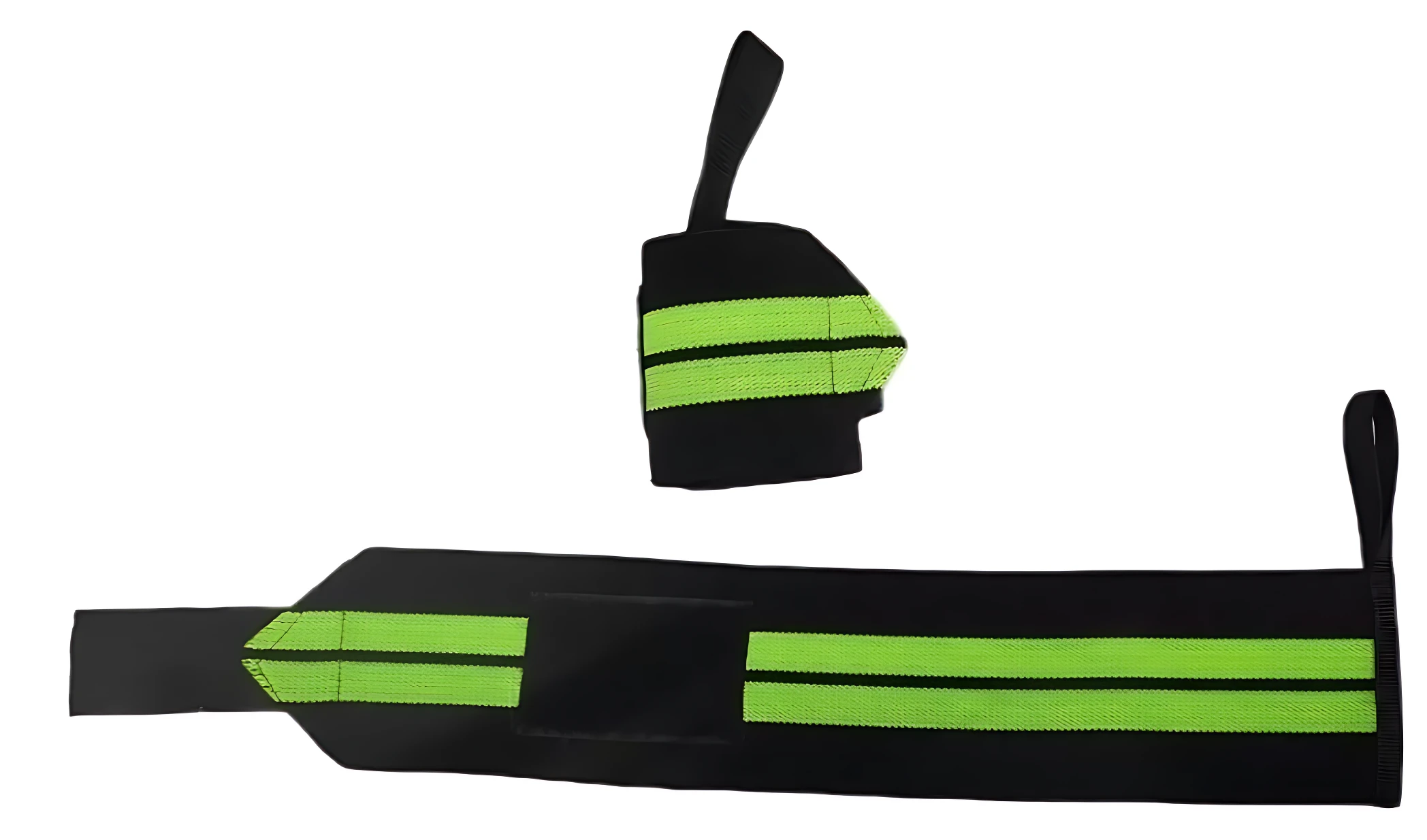 Muñequeras deportivas negras con franjas verdes fluorescentes, ajustables, para soporte de muñeca.