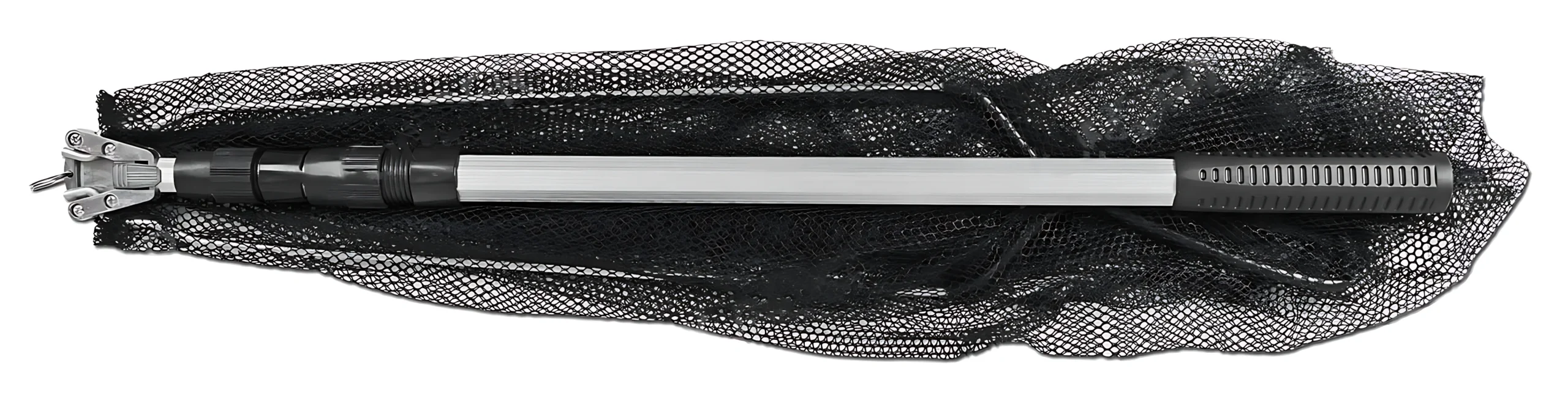 Nasa de pesca extensible plegable con mango telescópico de aluminio y red negra.