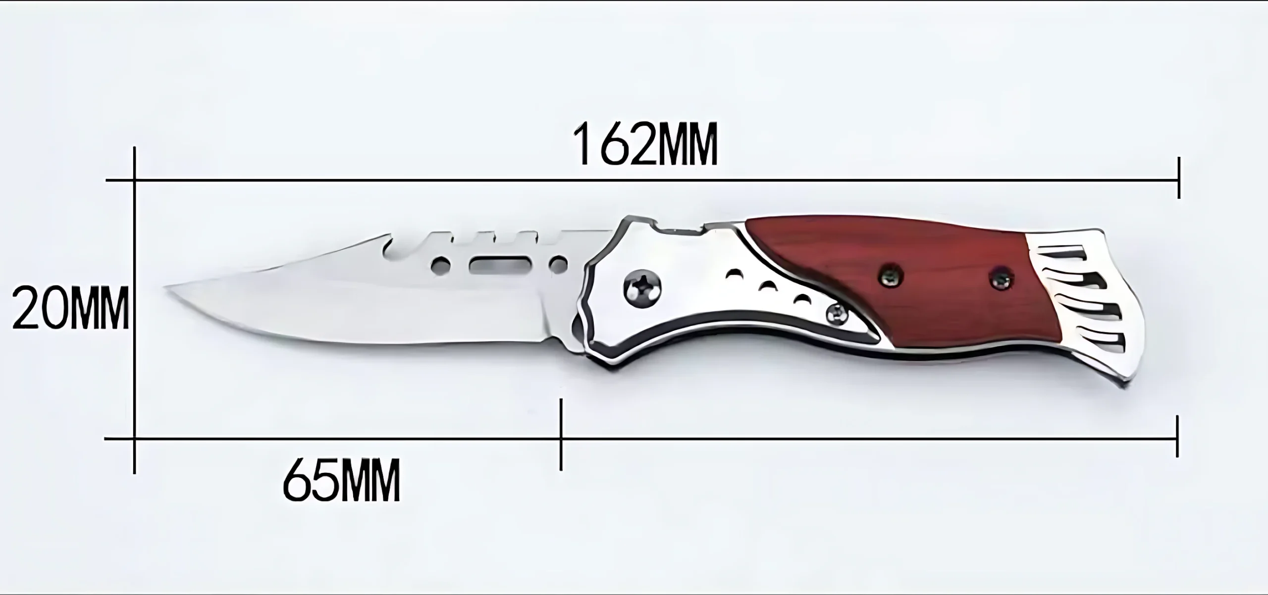 Navaja táctica plegable de 162mm con mango de madera roja y detalles plateados.