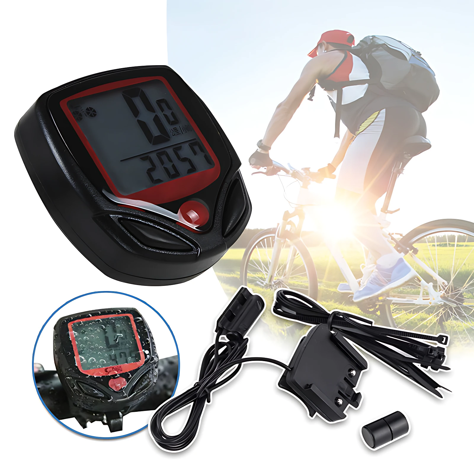 Odómetro de bicicleta negro e impermeable con pantalla digital 205.7, incluye accesorios de montaje e imán.