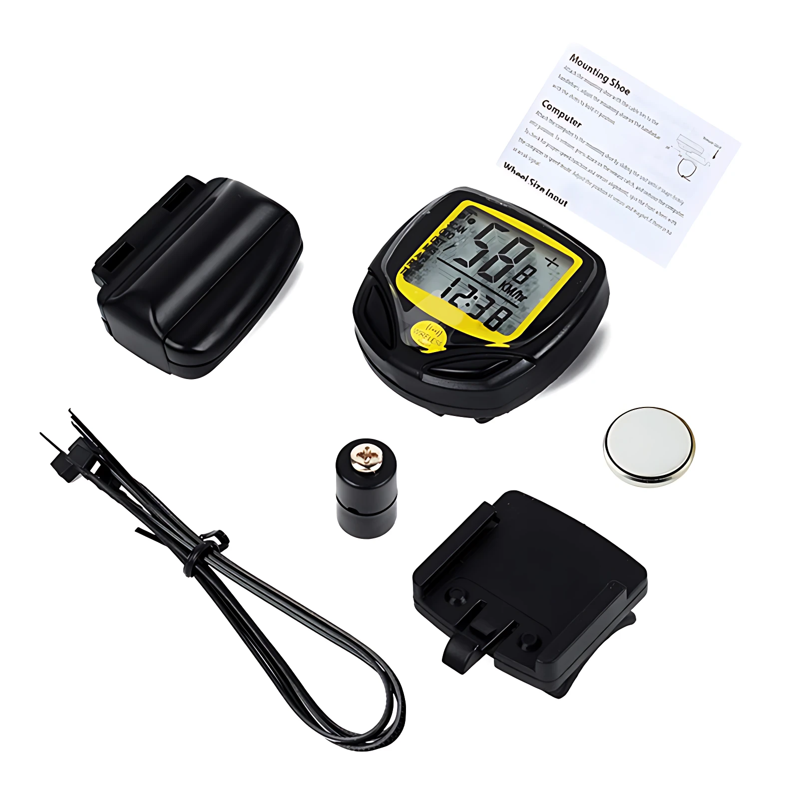 Odómetro inalámbrico para bicicleta con 15 funciones, pantalla LCD, incluye soportes, bridas y sensor.