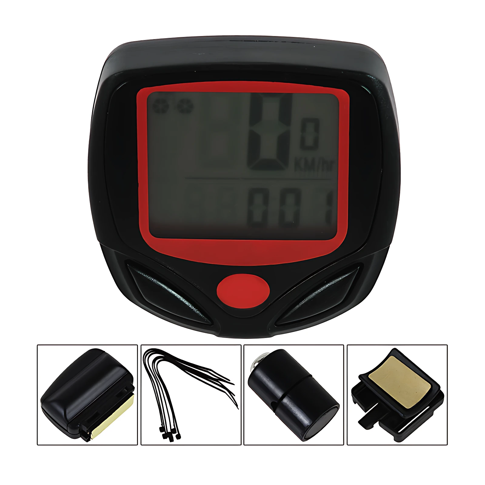 Odómetro para bicicleta negro y rojo con pantalla digital, impermeable, muestra 0 km/h y 001, incluye accesorios de montaje.