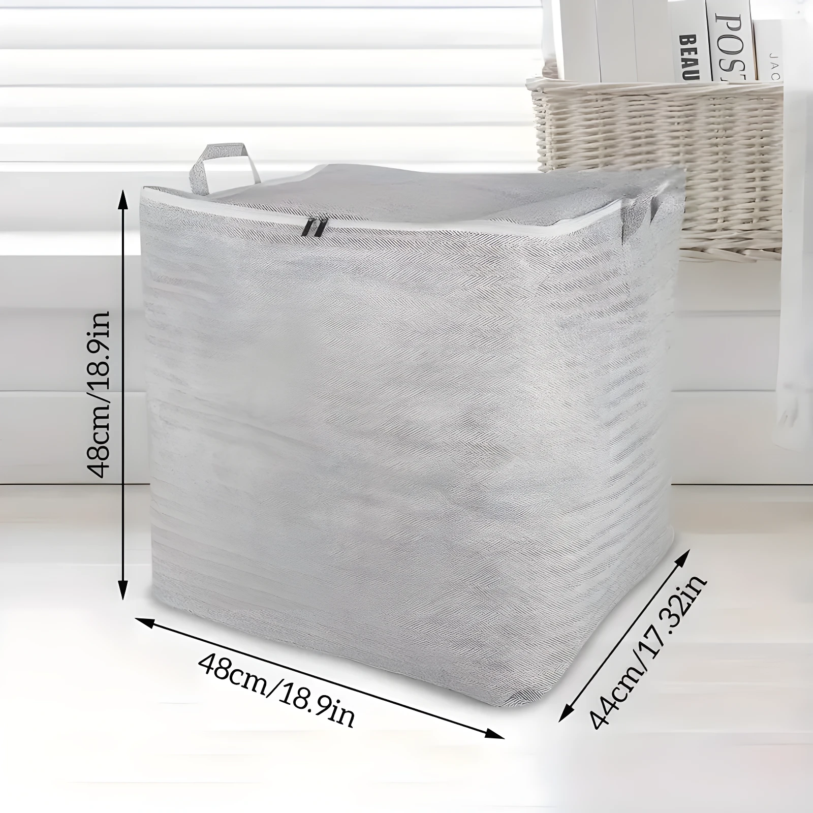 Contenedor organizador gris de tela con textura de espiga, 48x44cm, con tapa y asas.